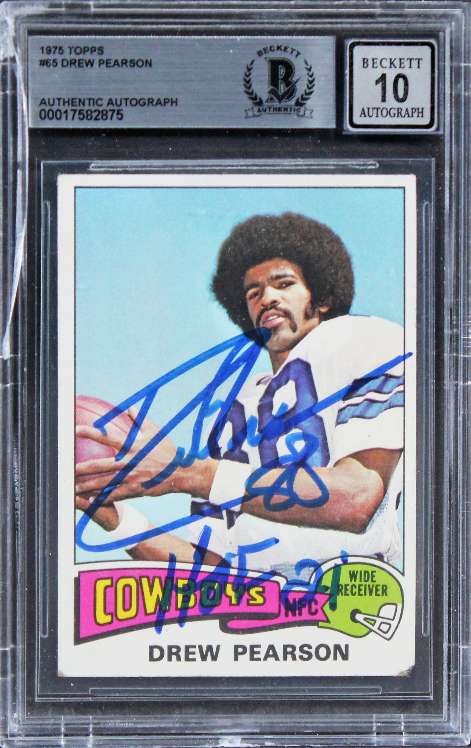 Cowboys Drew Pearson "HOF 21" Signed 1975 Topps #65 Card Auto 10! BAS Slabbed - Image 2