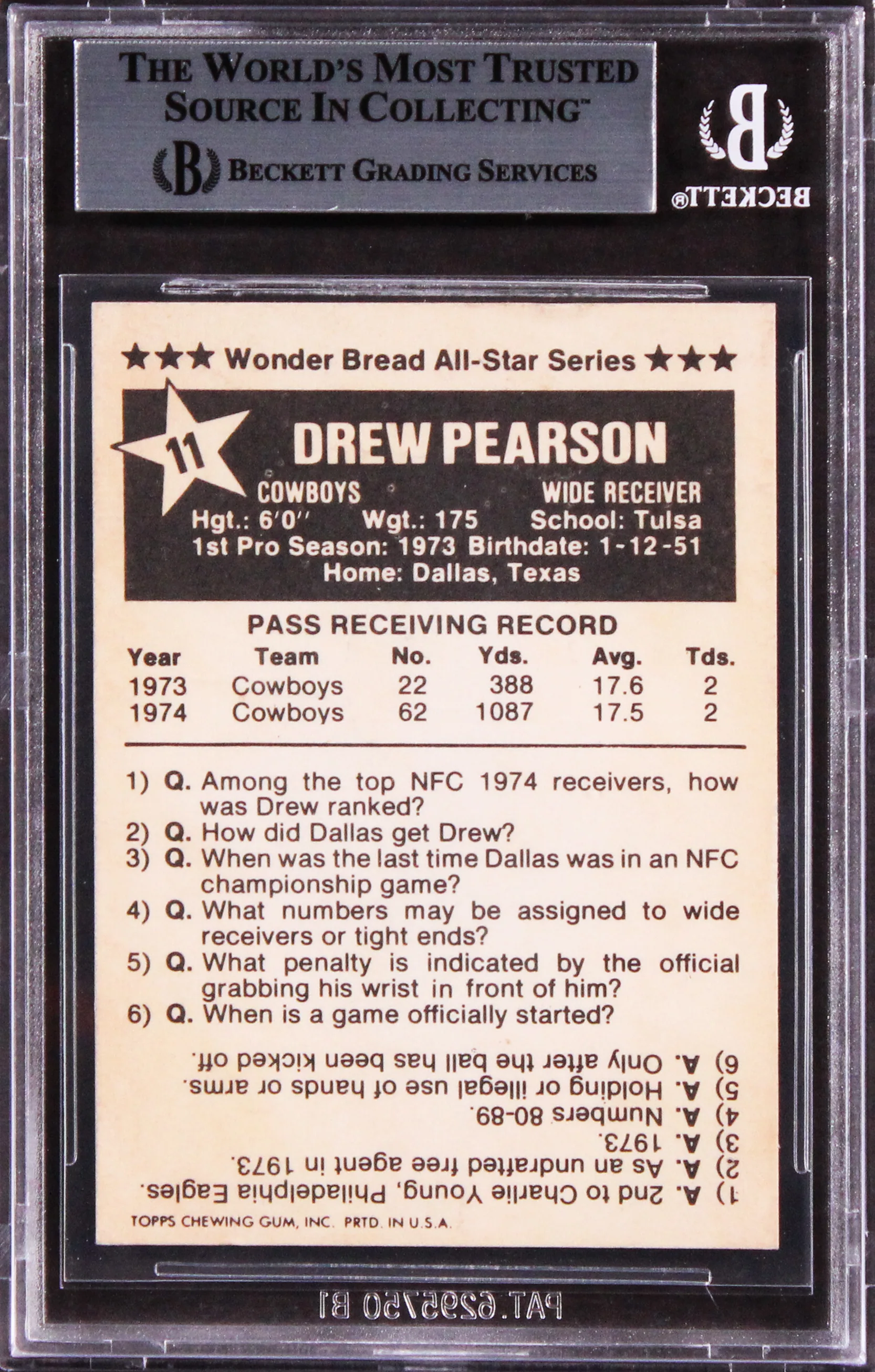 Cowboys Drew Pearson "HOF 21" Signed 1975 Wonder Bread #11 Card BAS Slabbed 2 - Image 3