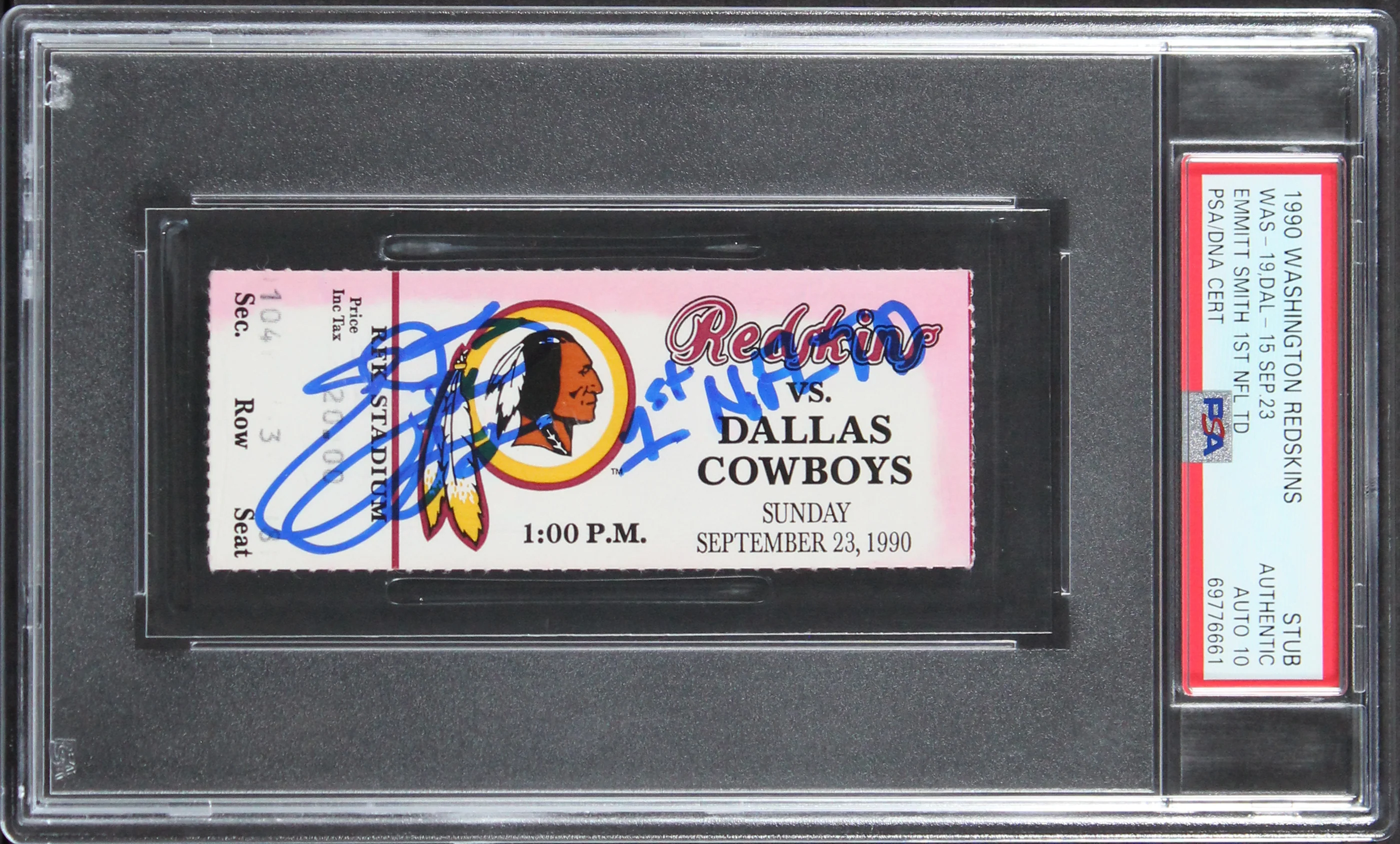 Cowboys Emmitt Smith "1st NFL TD" Signed 9/23/1990 Ticket Stub Auto 10! PSA Slab - Image 2