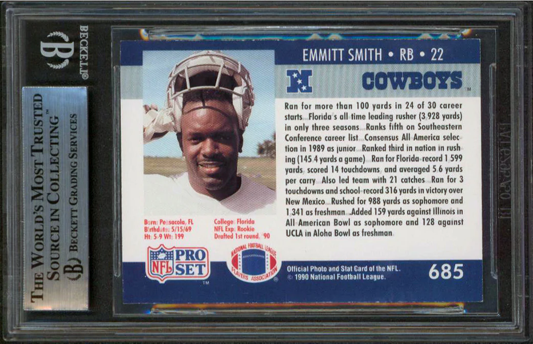 Cowboys Emmitt Smith Authentic Signed 1990 Pro Set #685 Rookie Card BAS Slabbed - Image 3