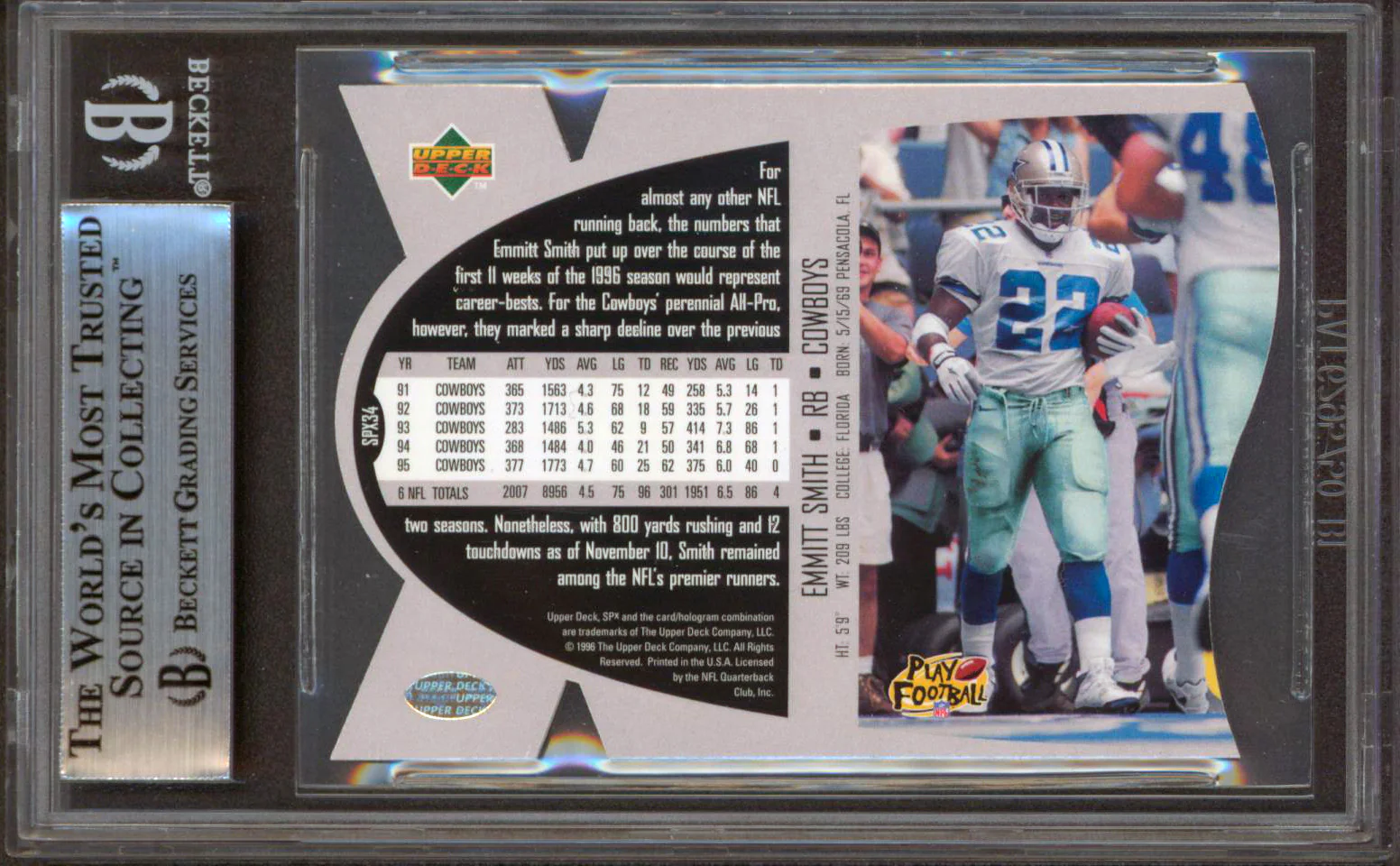 Cowboys Emmitt Smith Authentic Signed 1997 SPX #34 Card Autographed BAS Slabbed - Image 3