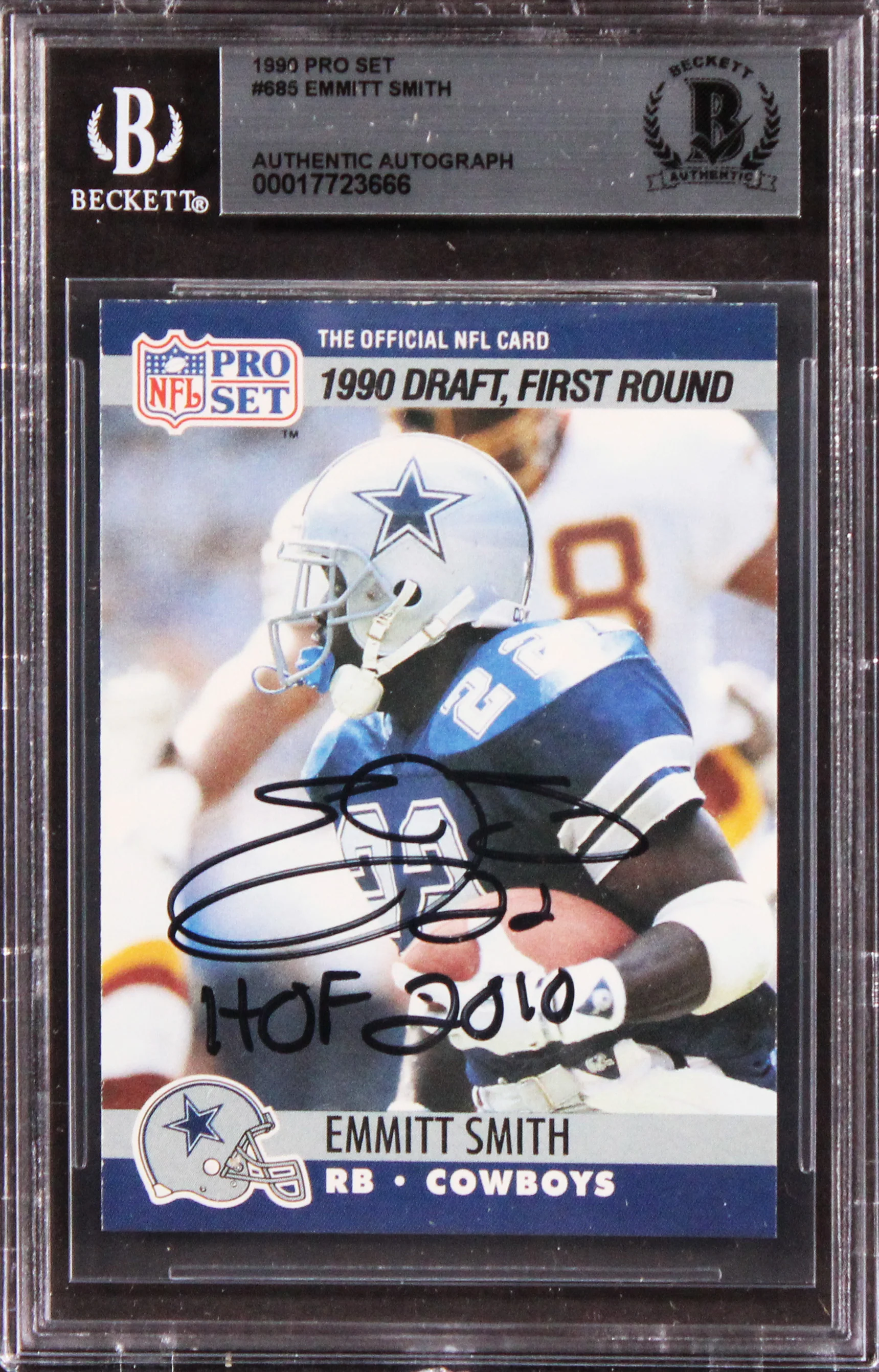 Cowboys Emmitt Smith "HOF 2010" Signed 1990 Pro Set #685 Card Rookie BAS Slabbed - Image 2