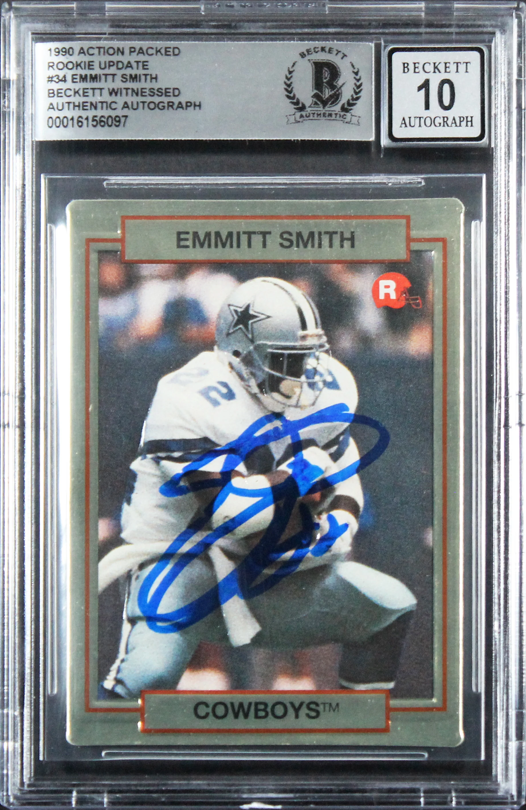 Cowboys Emmitt Smith Signed 1990 Action Packed #34 Rookie Card Auto 10! BAS Slab - Image 2