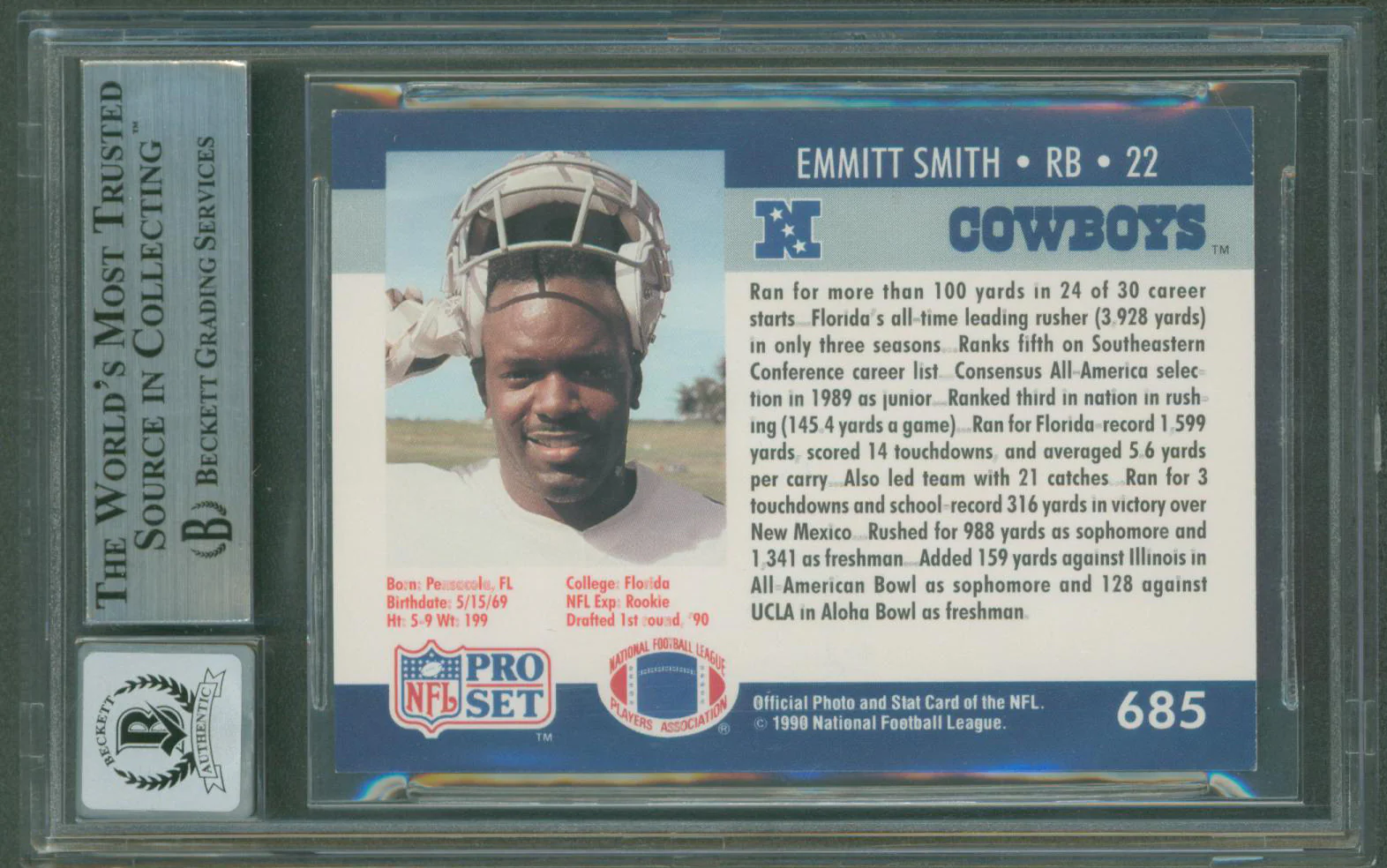 Cowboys Emmitt Smith Signed 1990 Pro Set #685 Rookie Card Auto 10! BAS Slabbed - Image 3