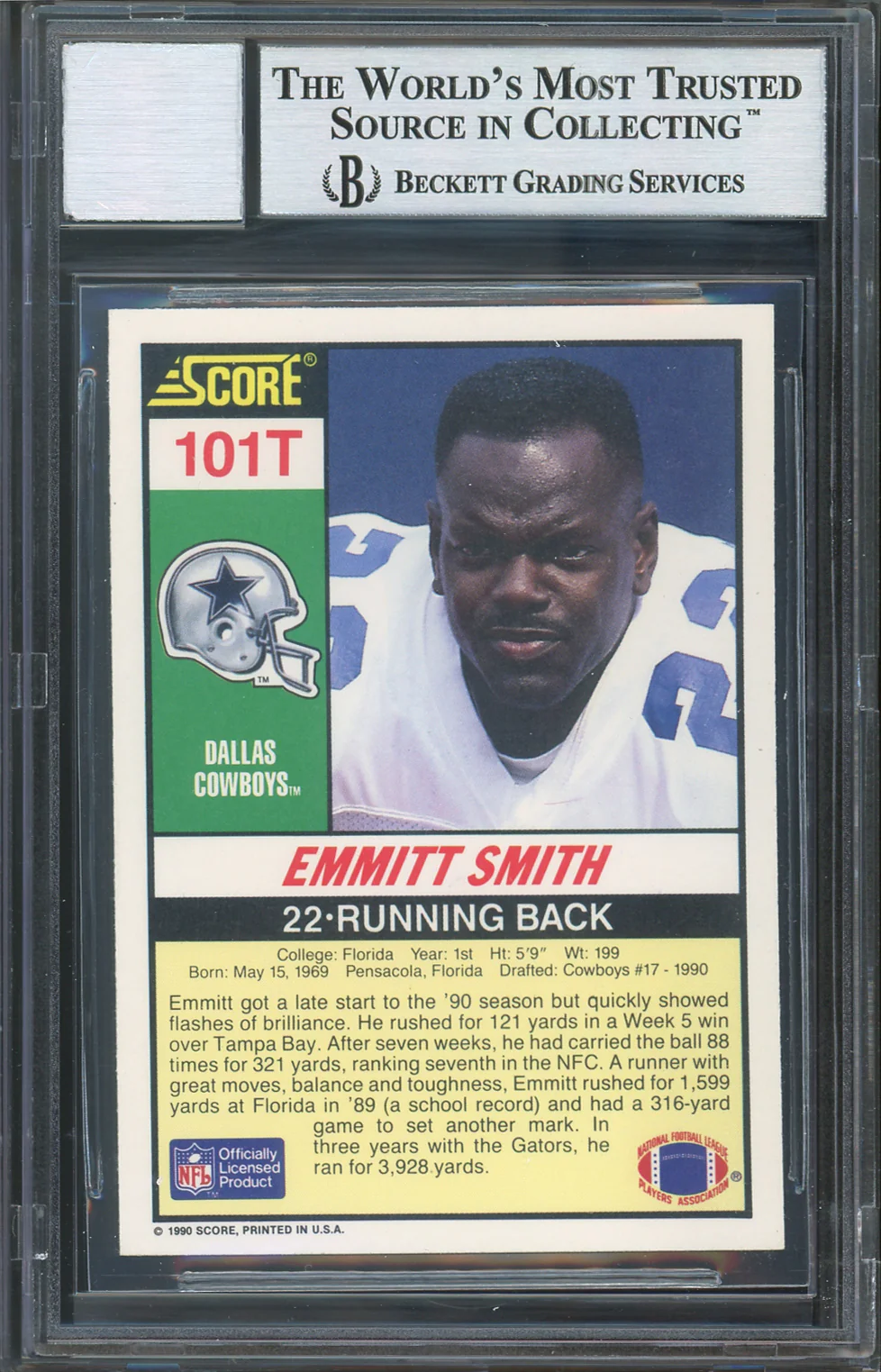 Cowboys Emmitt Smith Signed 1990 Score #101T RC Card Auto Graded 10! BAS Slabbed - Image 3
