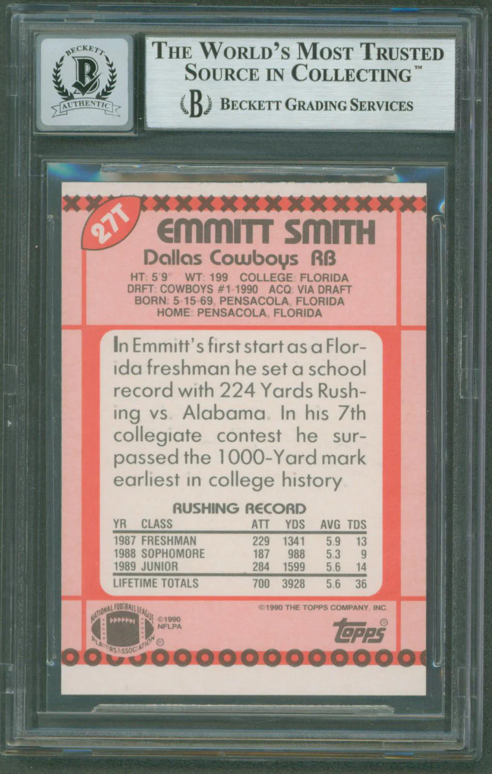 Cowboys Emmitt Smith Signed 1990 Topps Traded #27T Rookie Card Auto 10! BAS Slab - Image 3