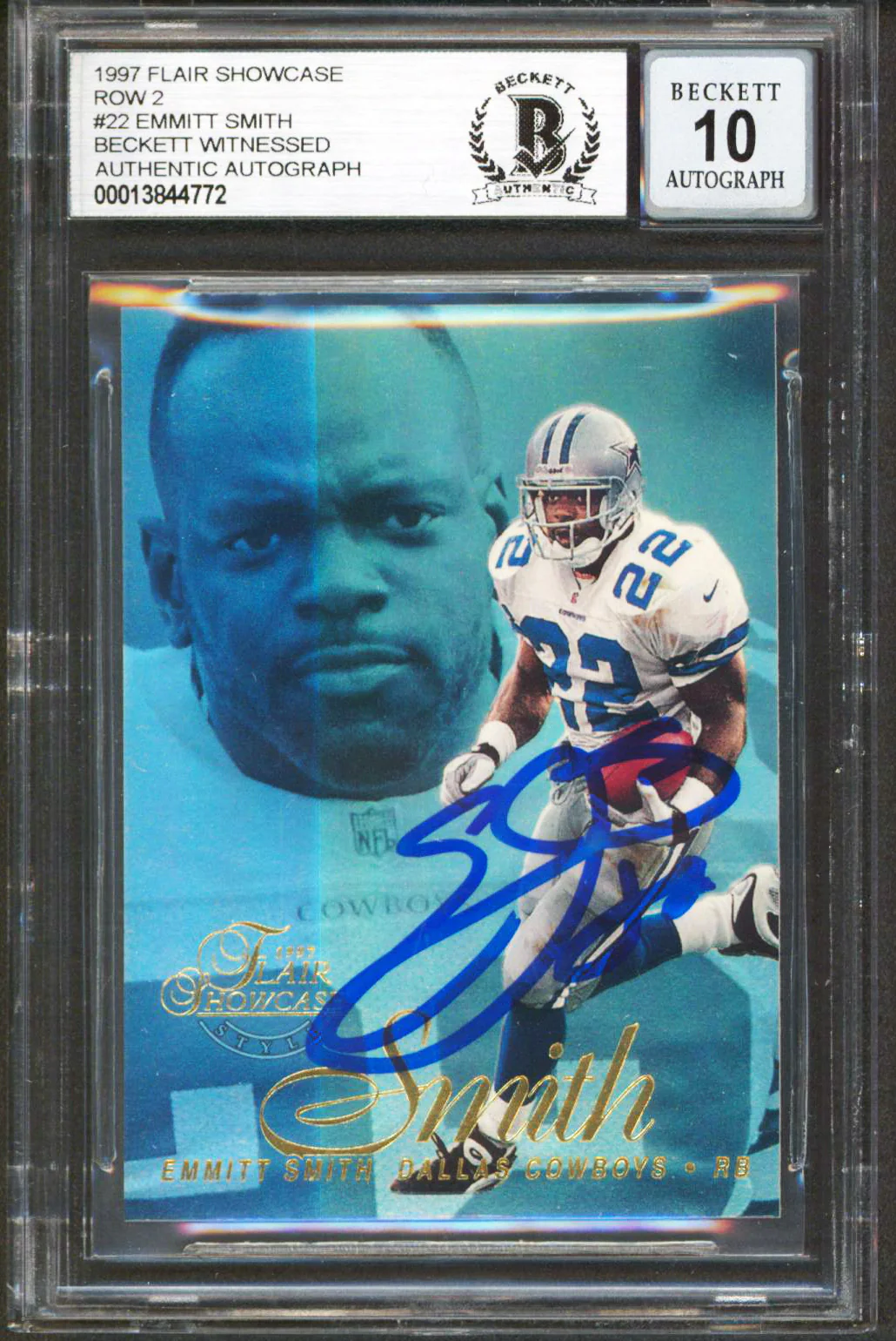 Cowboys Emmitt Smith Signed 1997 Flair Showcase Row 2 #22 Card Auto 10! BAS Slab - Image 2