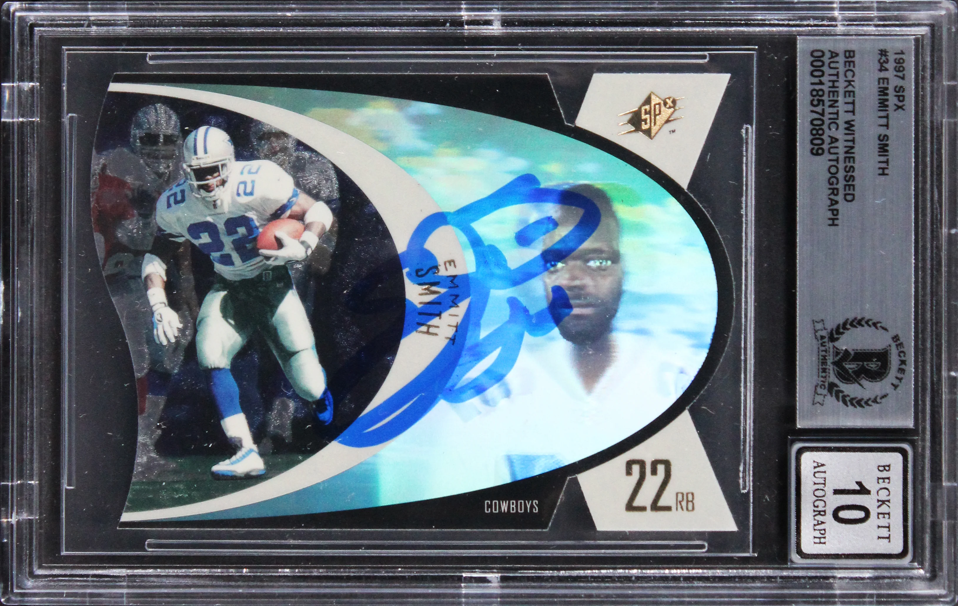 Cowboys Emmitt Smith Signed 1997 SPX #34 Card Auto Graded Mint 10! BAS Slabbed - Image 2
