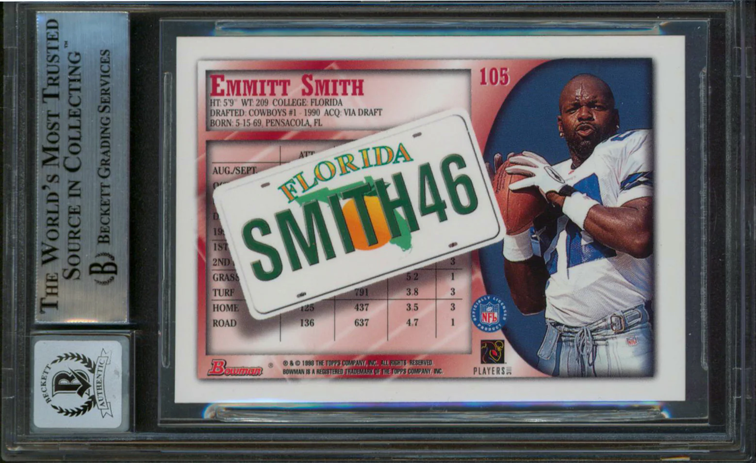 Cowboys Emmitt Smith Signed 1998 Bowman Chrome IS #105 Card Auto 10! BAS Slabbed - Image 3