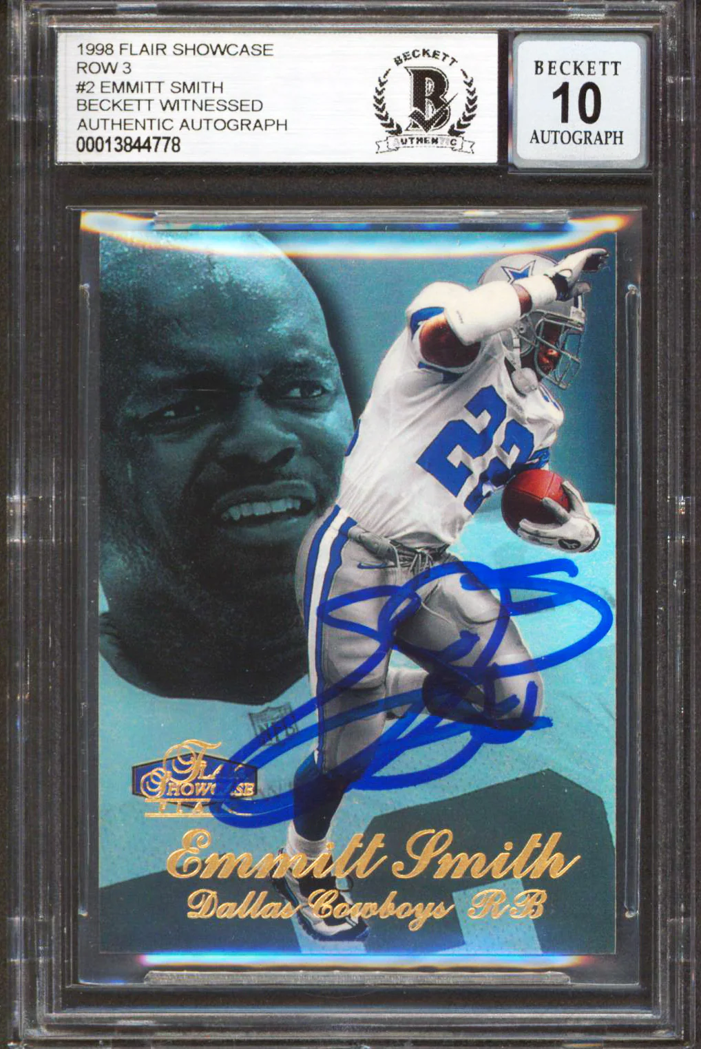 Cowboys Emmitt Smith Signed 1998 Flair Showcase Row 3 #2 Card Auto 10! BAS Slab - Image 2