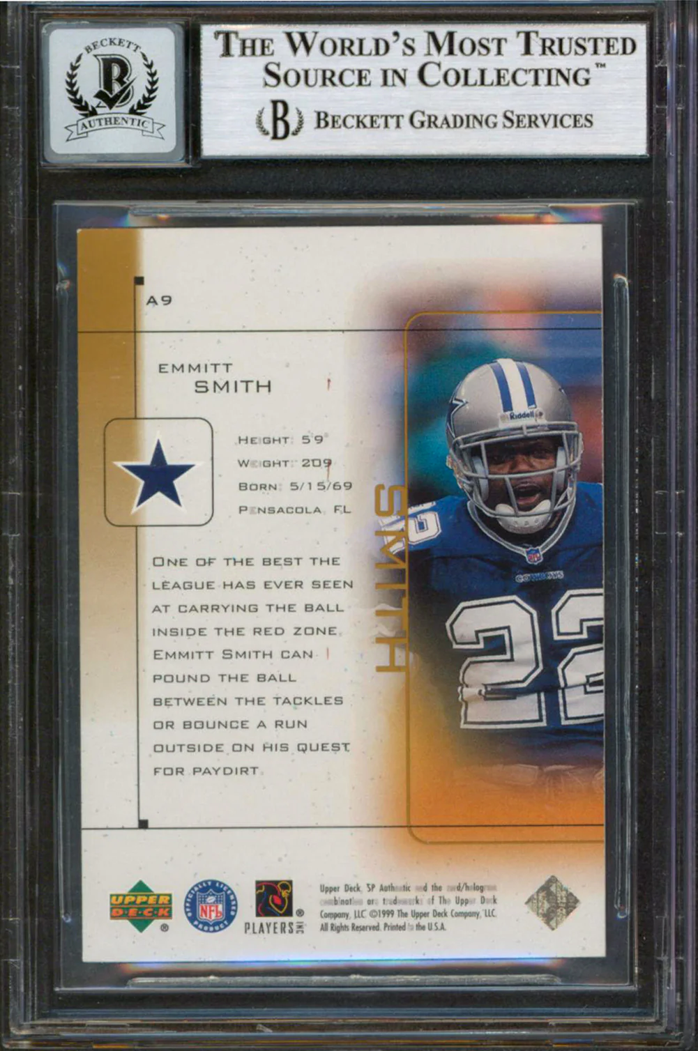Cowboys Emmitt Smith Signed 1999 SP Authentic Ath #A9 Card Auto 10! BAS Slabbed - Image 3