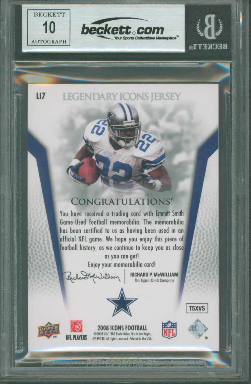 Cowboys Emmitt Smith Signed 2008 Upper Deck Icons #LI7 Card BAS Slabbed - Image 3
