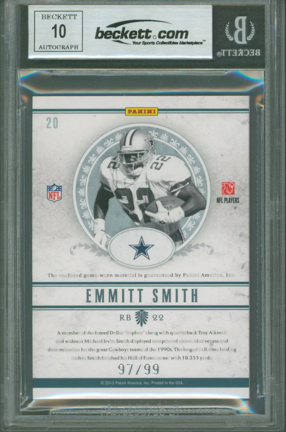 Cowboys Emmitt Smith Signed 2011 National Treasures NFL #20 Card BAS Slabbed - Image 3