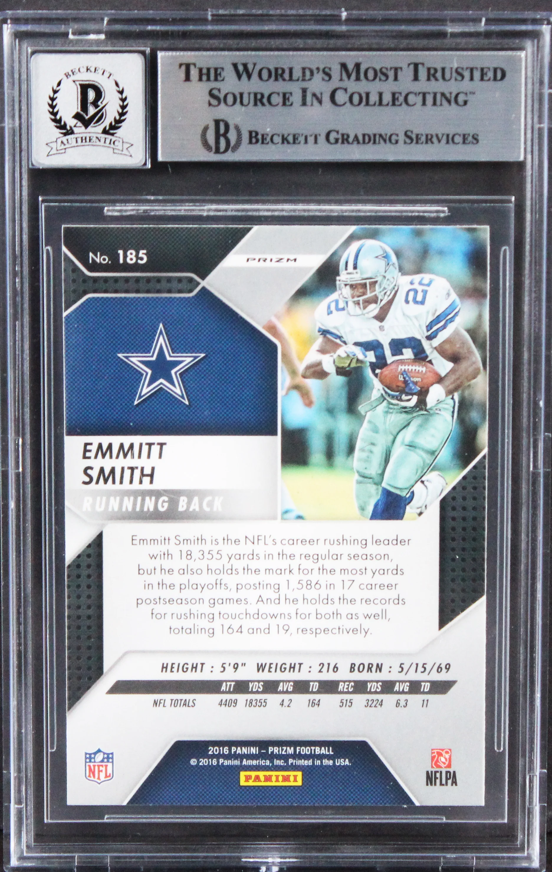 Cowboys Emmitt Smith Signed 2016 Panini Prizm #185 Card Auto 10! BAS Slabbed - Image 3