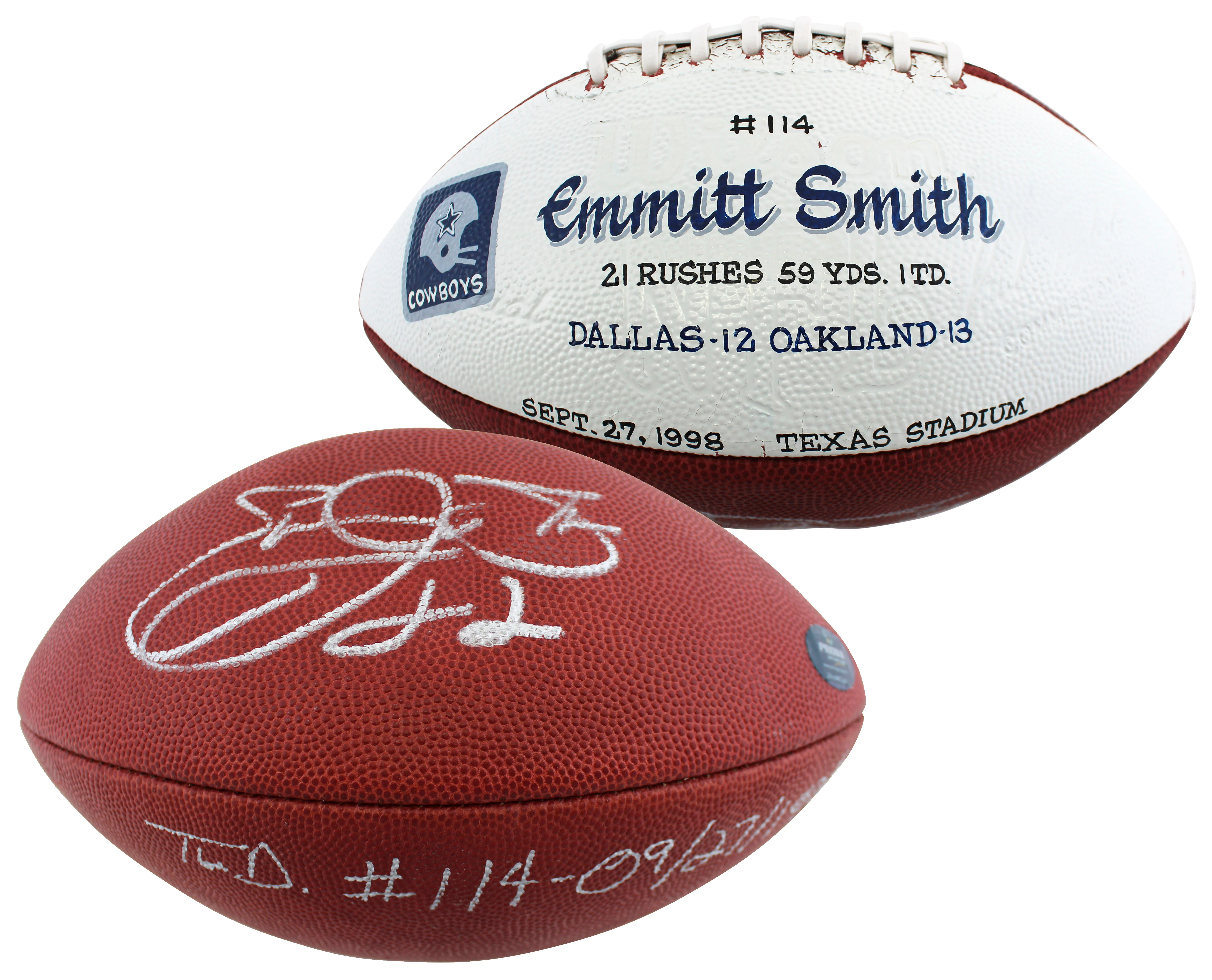 Cowboys Emmitt Smith "TD #114 - 09/27/1998" Signed GU Football BAS & Prova LOA - Image 2