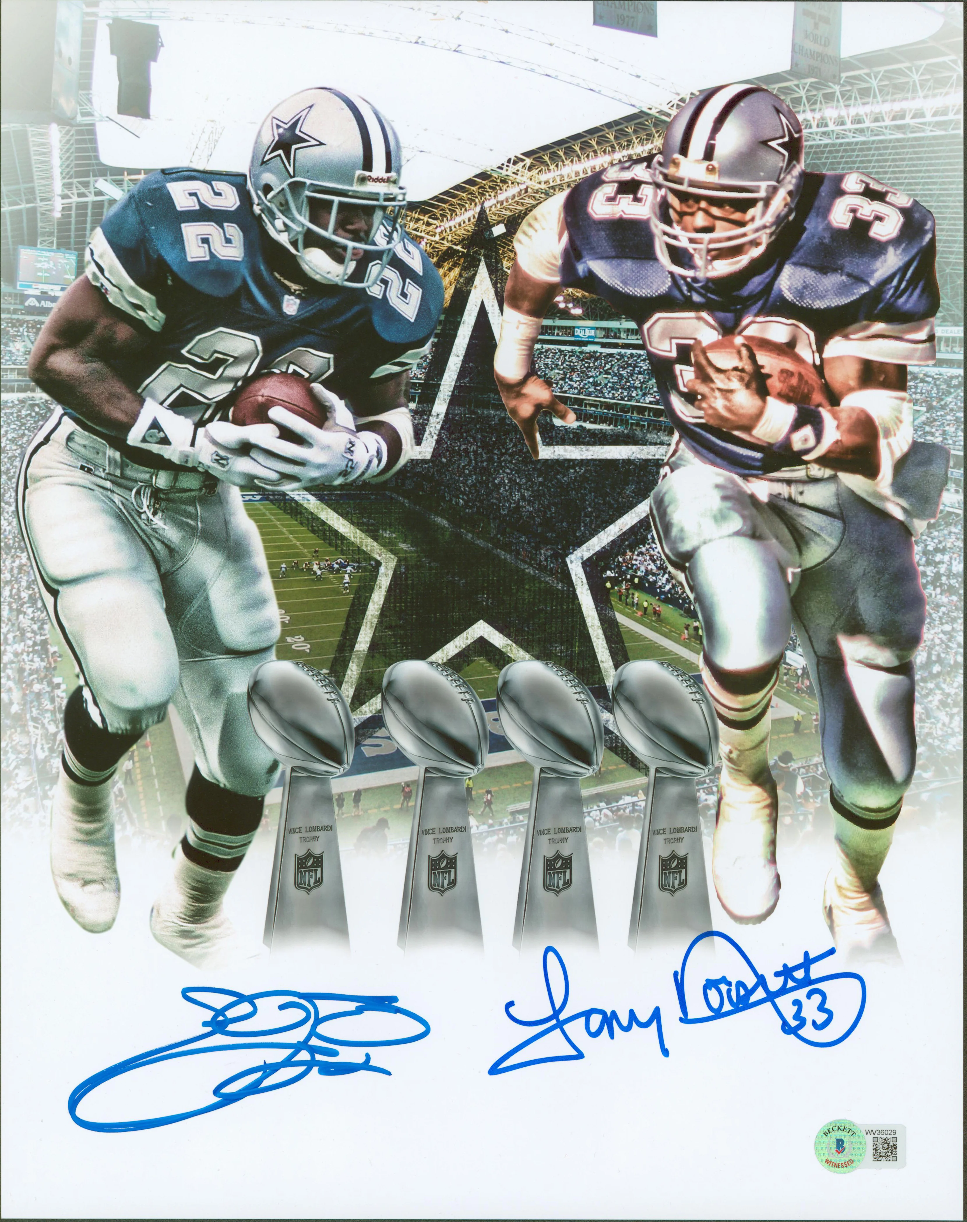 Cowboys Emmitt Smith & Tony Dorsett Authentic Signed 11x14 Photo BAS Witnessed - Image 2