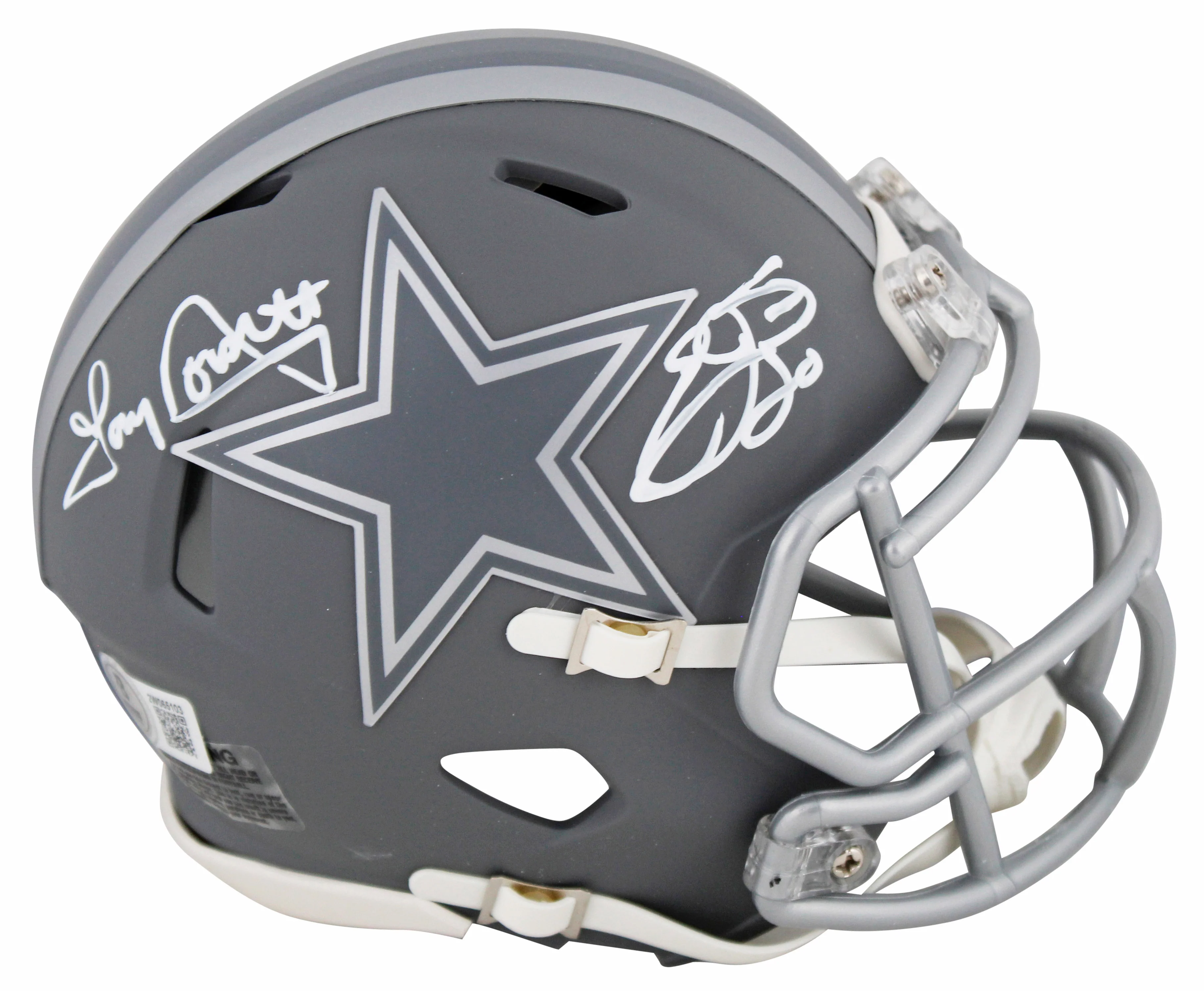 Cowboys Emmitt Smith & Tony Dorsett Signed Slate Speed Mini Helmet W/ Case BAS W - Image 3
