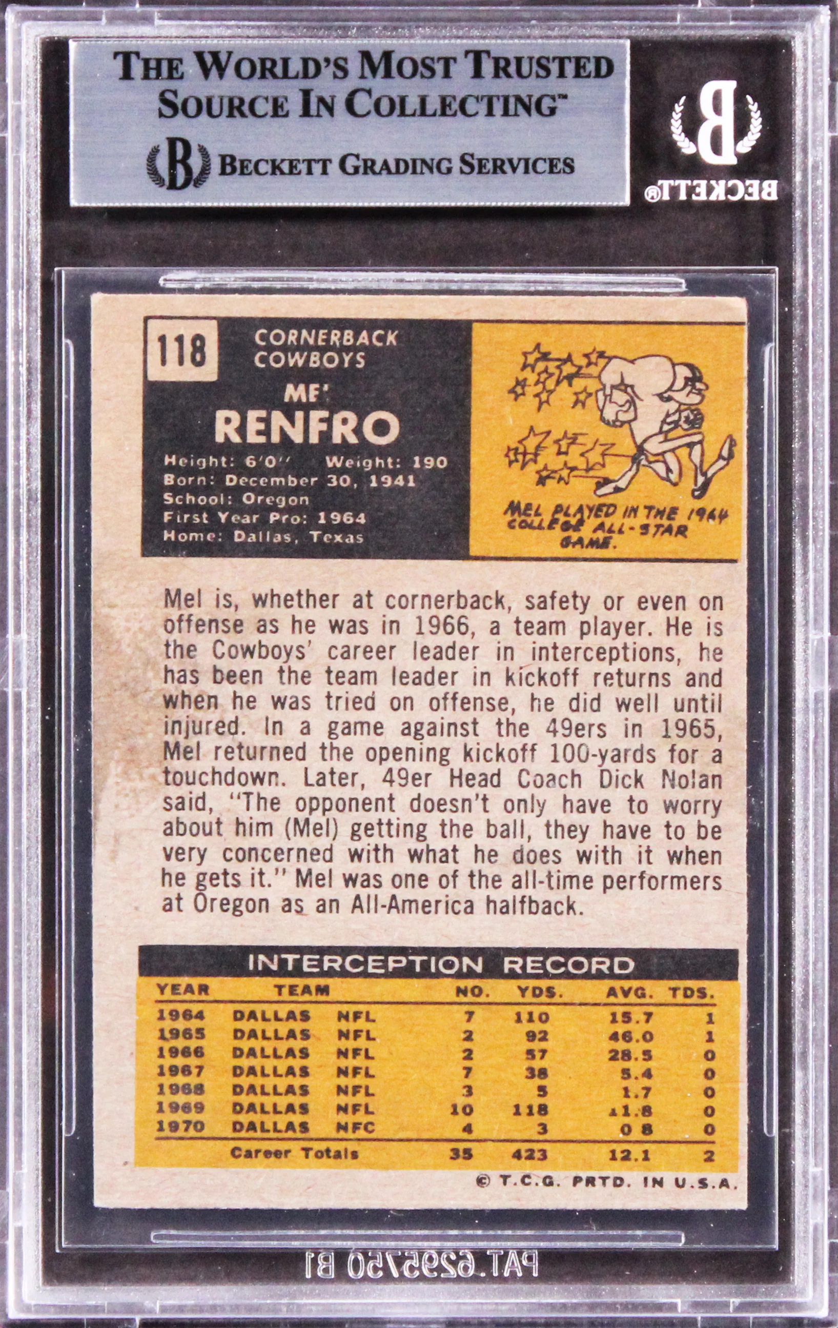Cowboys Mel Renfro Authentic Signed 1971 Topps #118 Card BAS Slabbed - Image 3