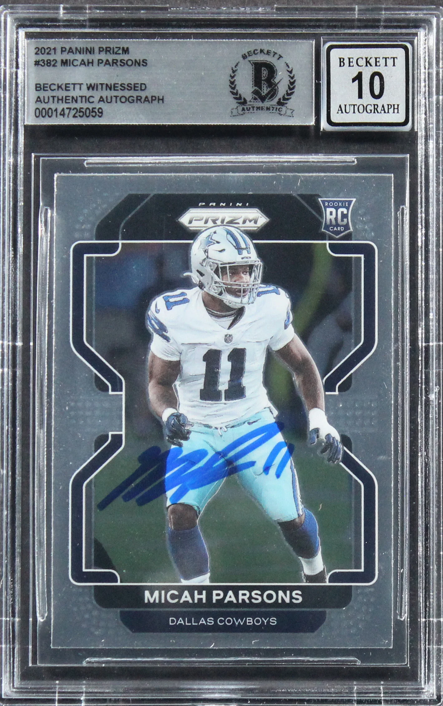 Cowboys Micah Parsons Signed 2021 Panini Prizm #382 Rookie Card Auto 10 BAS Slab - Image 2