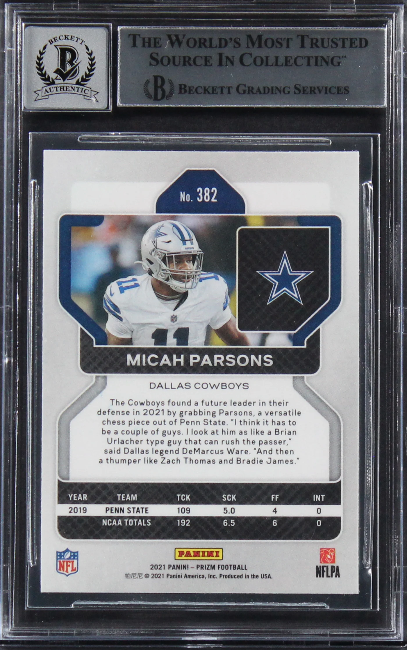 Cowboys Micah Parsons Signed 2021 Panini Prizm #382 Rookie Card Auto 10 BAS Slab - Image 3