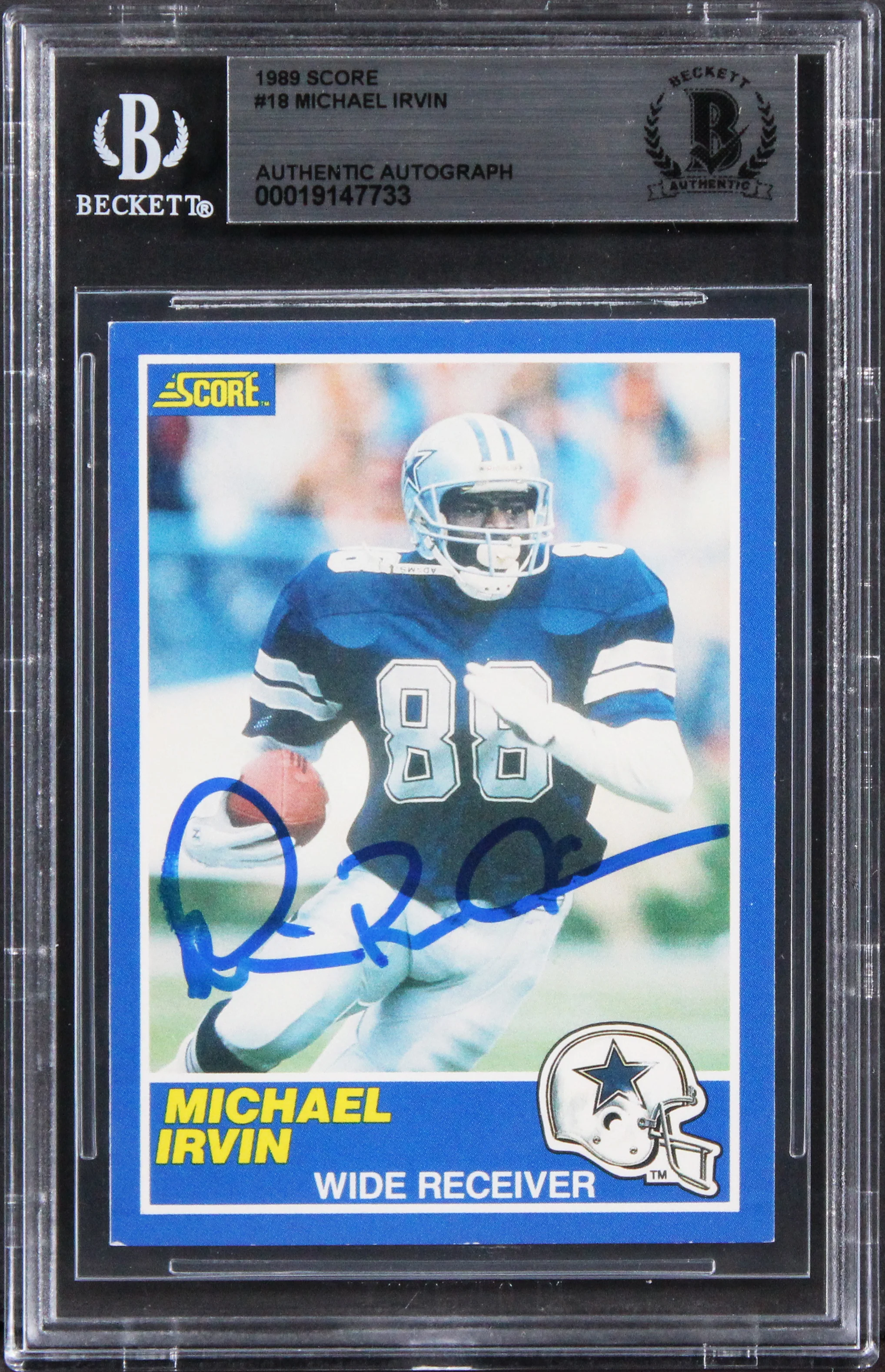 Cowboys Michael Irvin Authentic 1989 Score #18 Card Autographed BAS Slabbed - Image 2