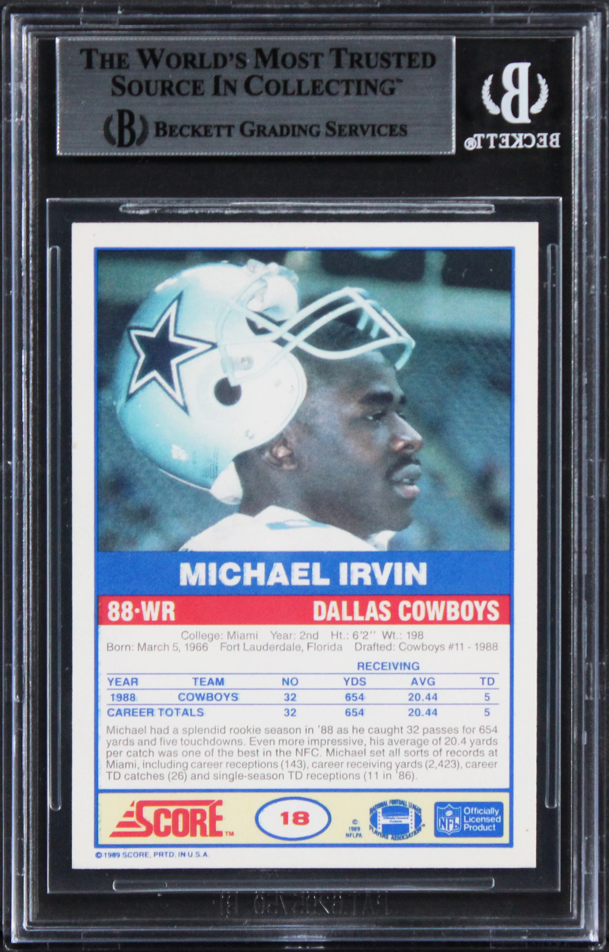 Cowboys Michael Irvin Authentic 1989 Score #18 Card Autographed BAS Slabbed - Image 3