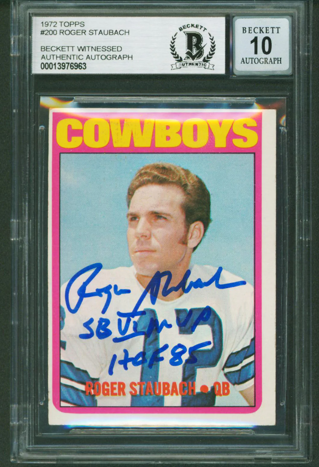 Cowboys Roger Staubach 2x Insc Signed 1972 Topps #200 RC Card Auto 10 BAS Slab 4 - Image 2