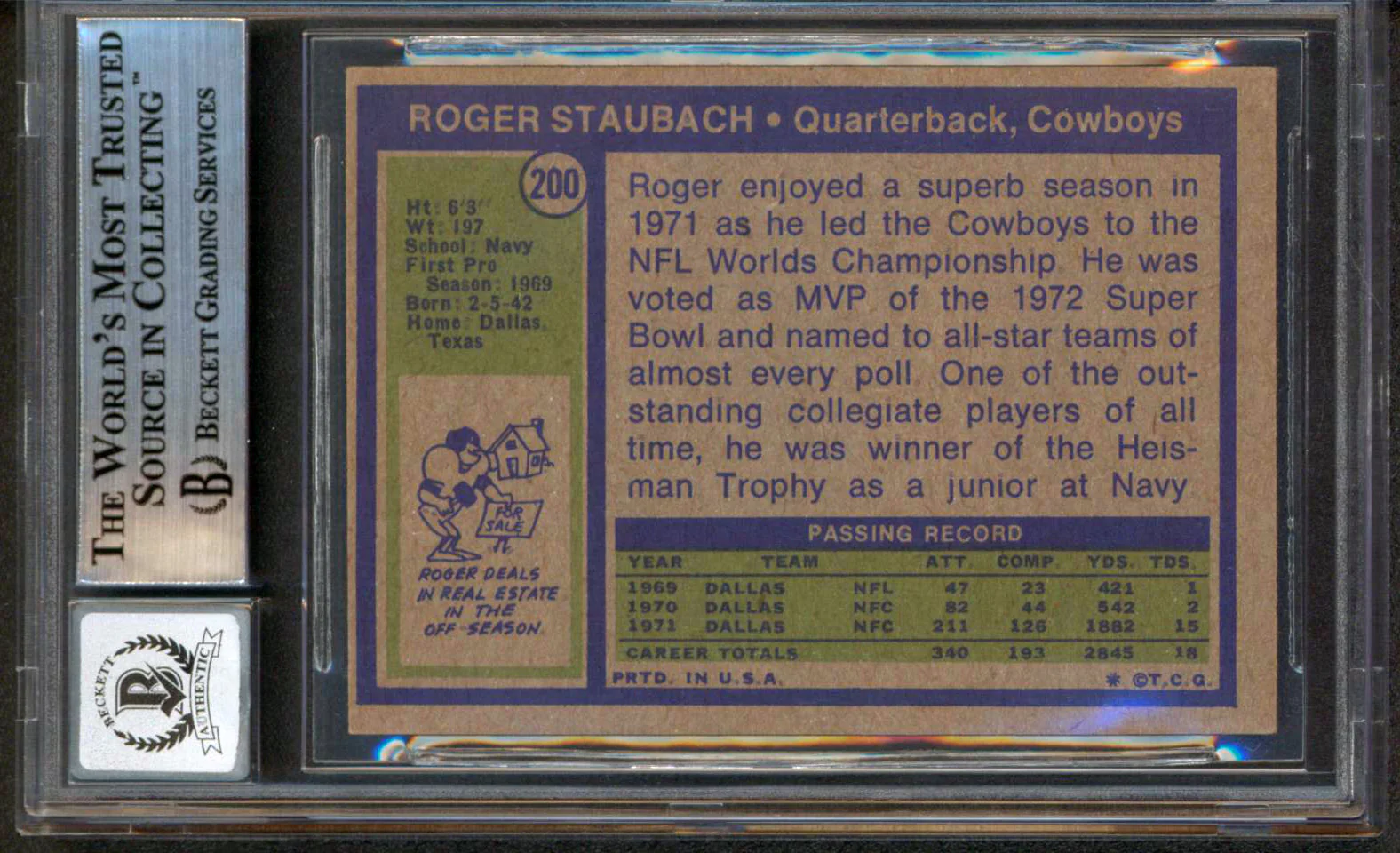 Cowboys Roger Staubach 2x Insc Signed 1972 Topps #200 RC Card Auto 10 BAS Slab 4 - Image 3