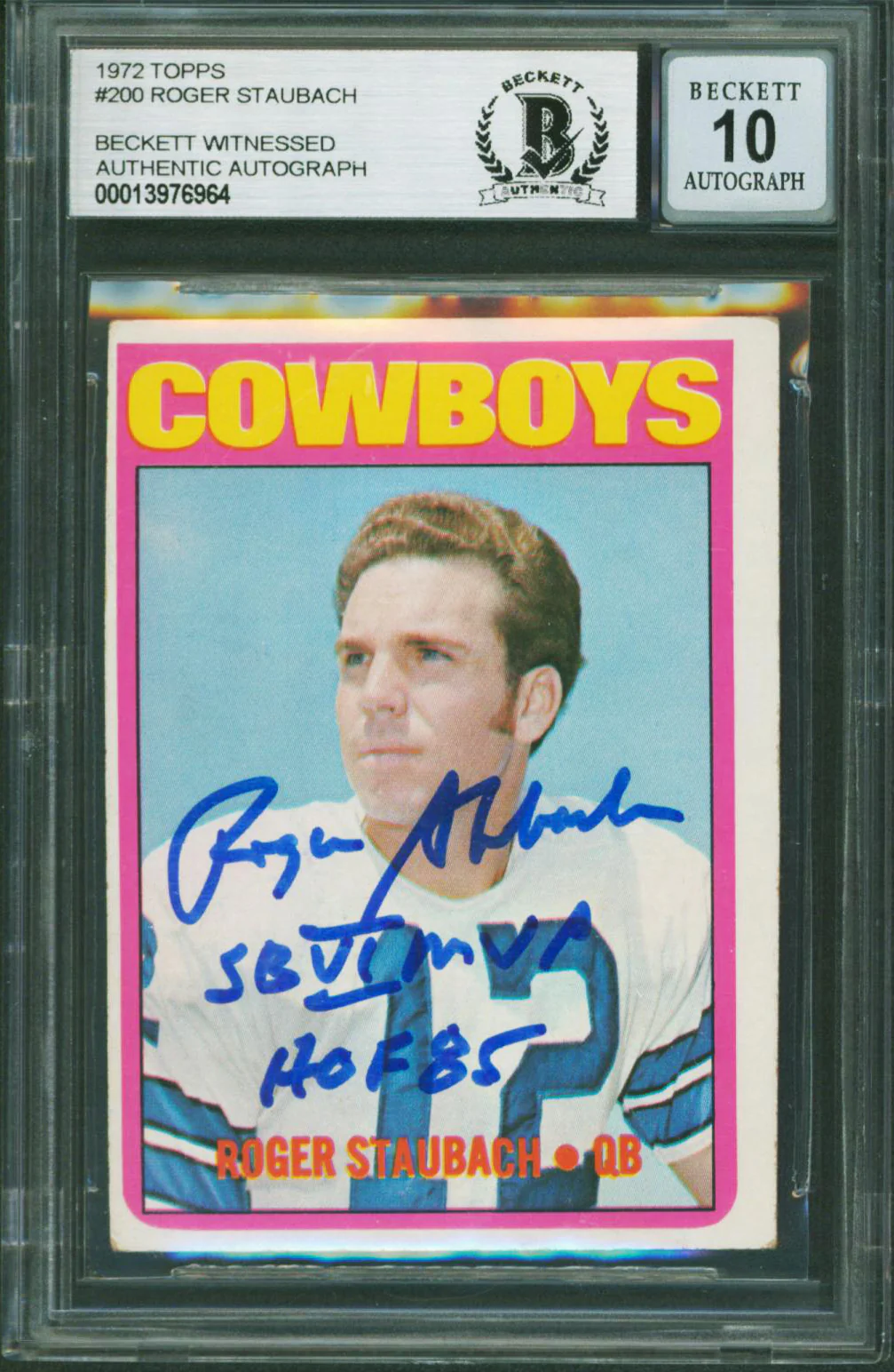 Cowboys Roger Staubach 2x Insc Signed 1972 Topps #200 RC Card Auto 10 BAS Slab 5 - Image 2