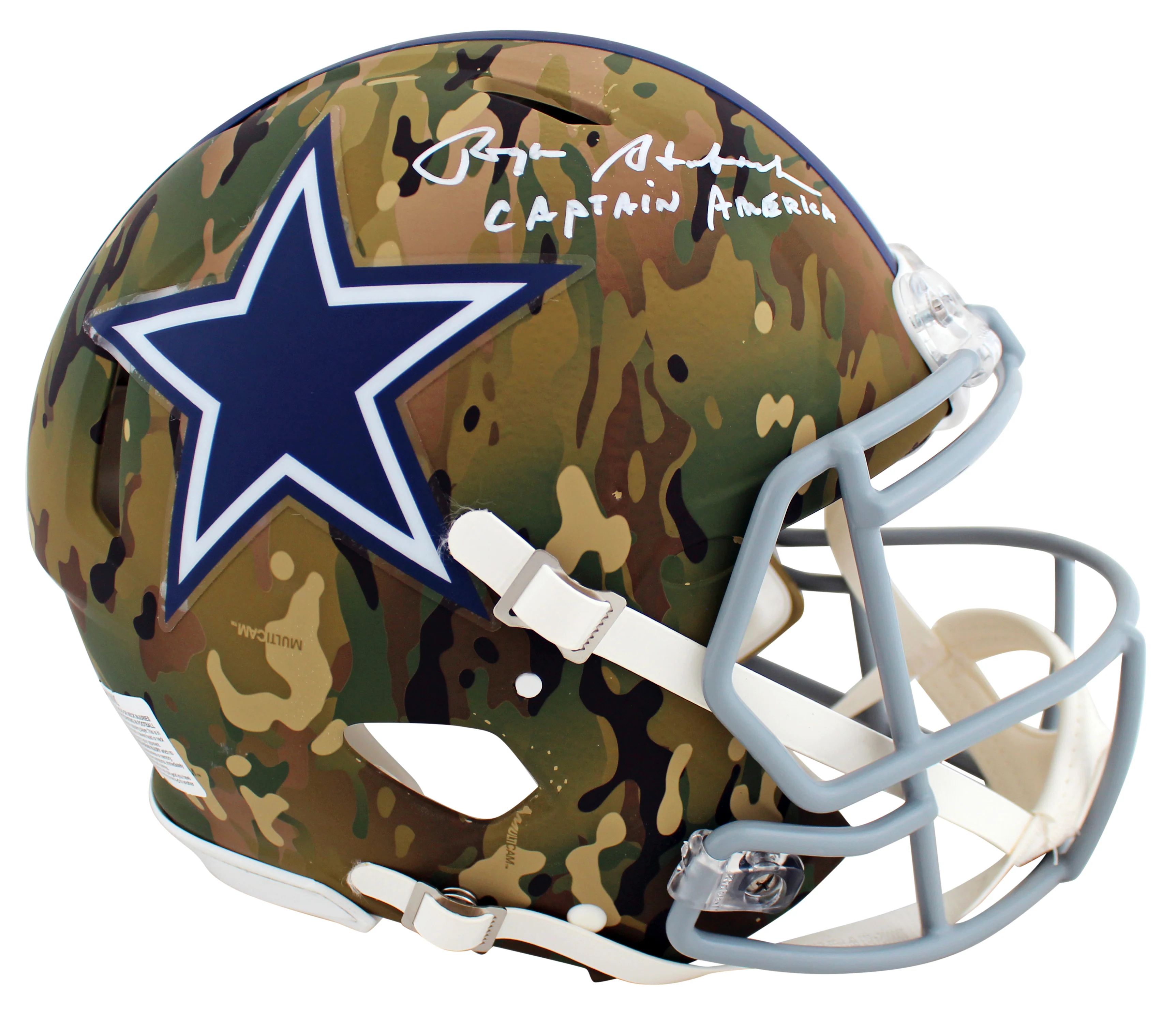 Cowboys Roger Staubach Captain America Signed Camo F/S Speed Proline Helmet BAS - Image 2