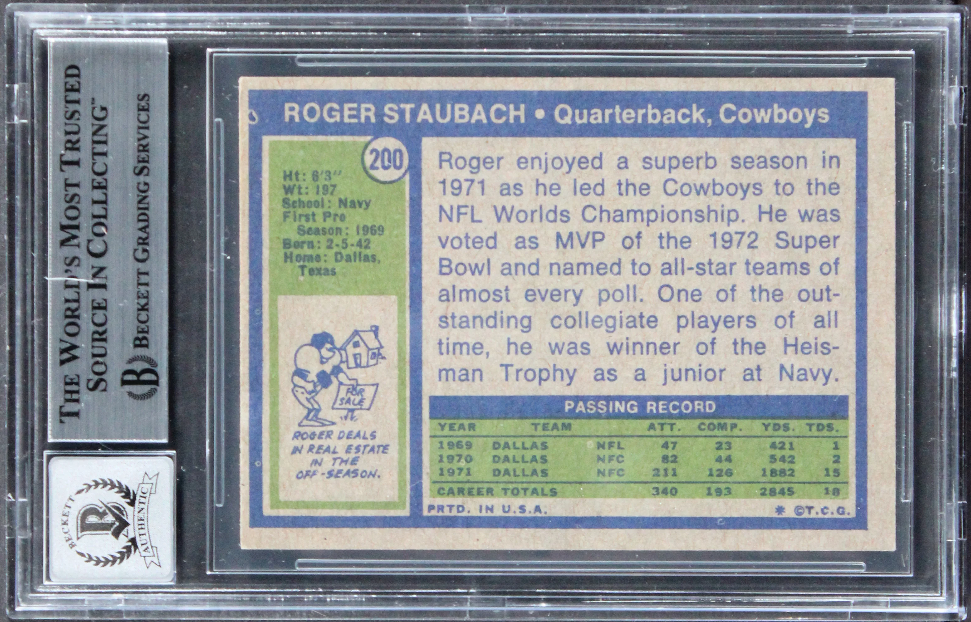 Cowboys Roger Staubach "HOF 85" Signed 1972 Topps #200 Card Auto 10! BAS Slabbed - Image 3