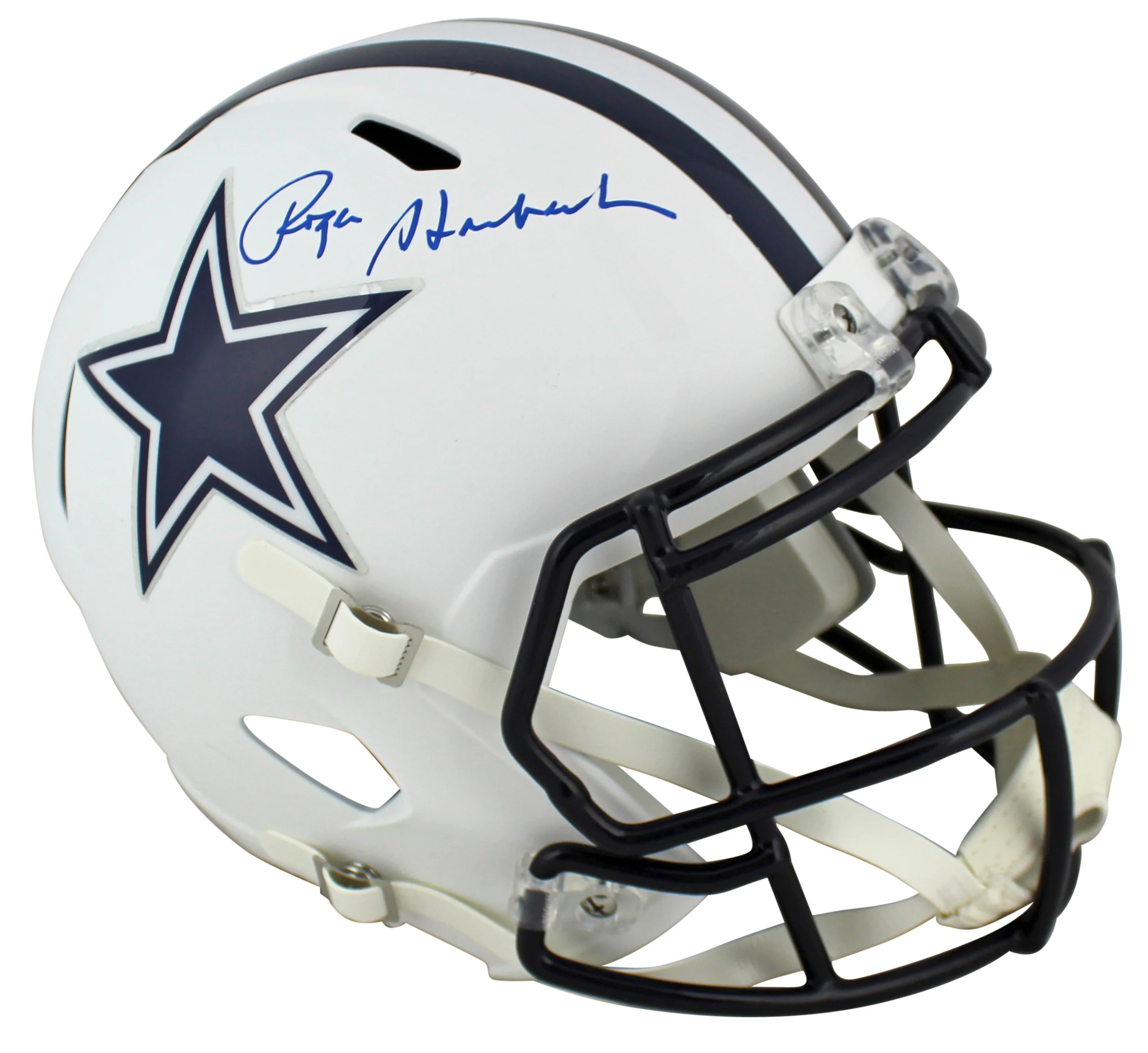 Cowboys Roger Staubach Signed Flat White Full Size Speed Rep Helmet BAS Witness - Image 2