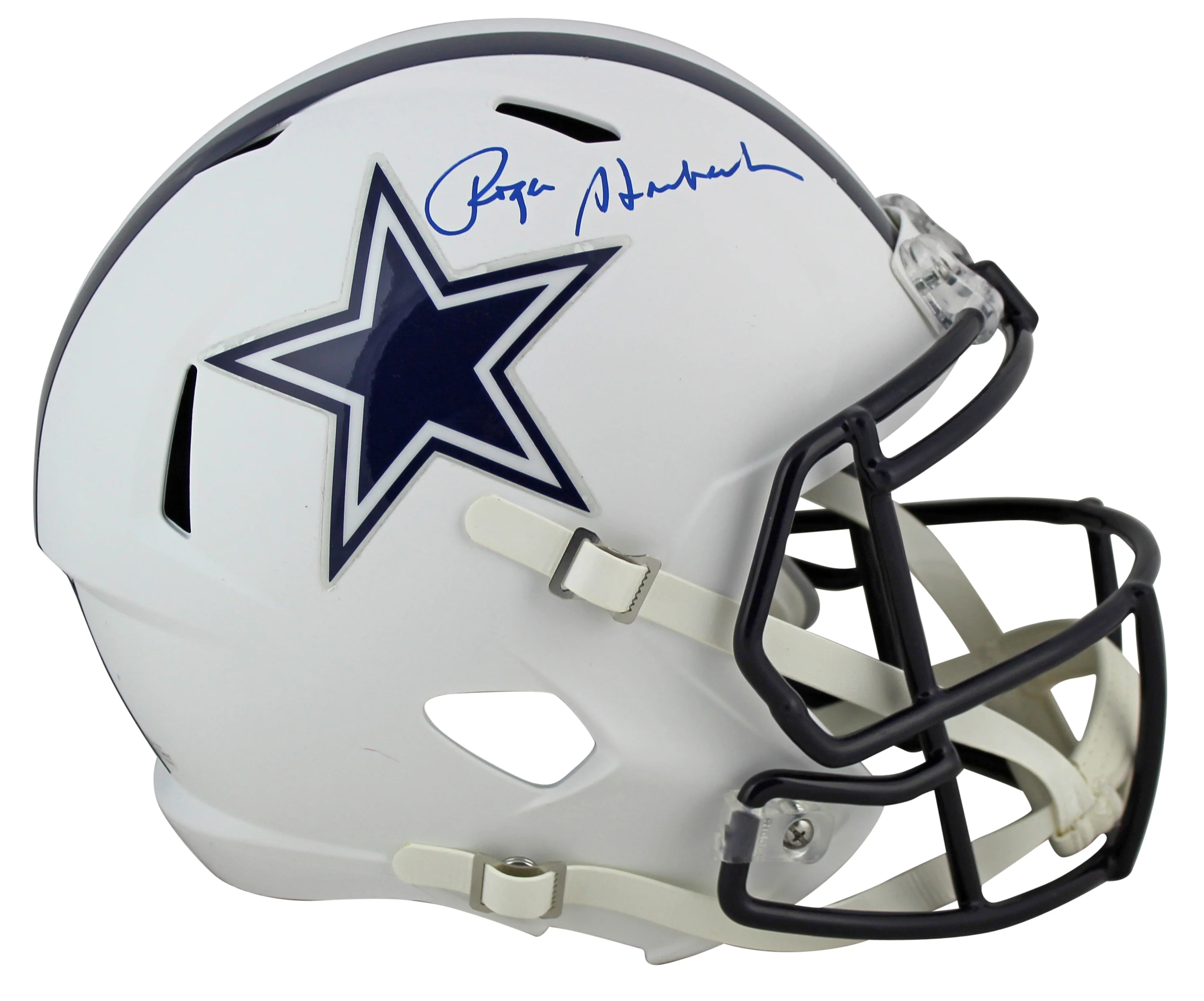 Cowboys Roger Staubach Signed Flat White Full Size Speed Rep Helmet BAS Witness - Image 3