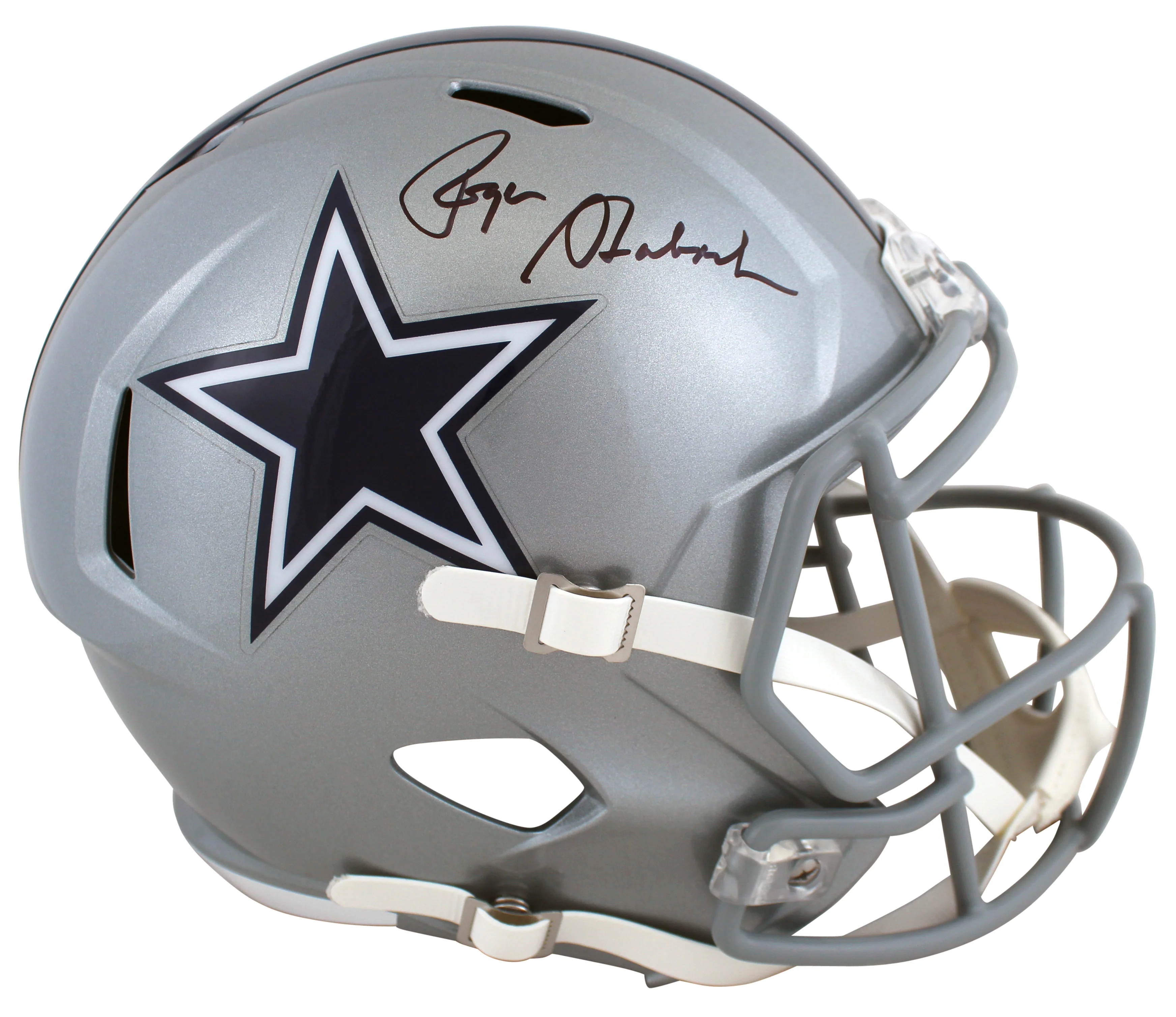 Cowboys Roger Staubach Signed Silver Full Size Speed Rep Helmet W/ Case BAS Wit - Image 3