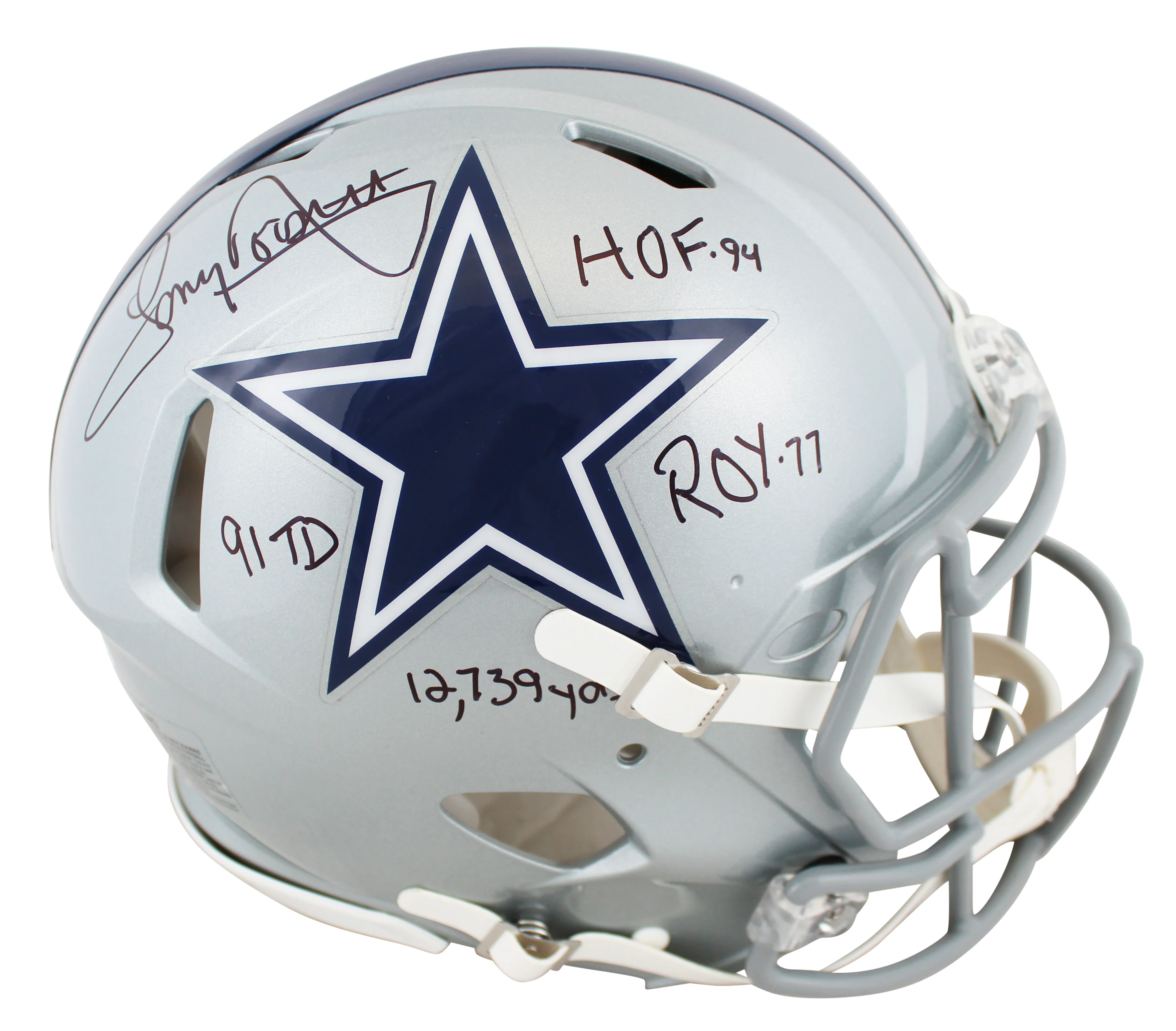 Cowboys Tony Dorsett "4x Stat" Signed Silver Full Size Speed Proline Helmet BAS - Image 2