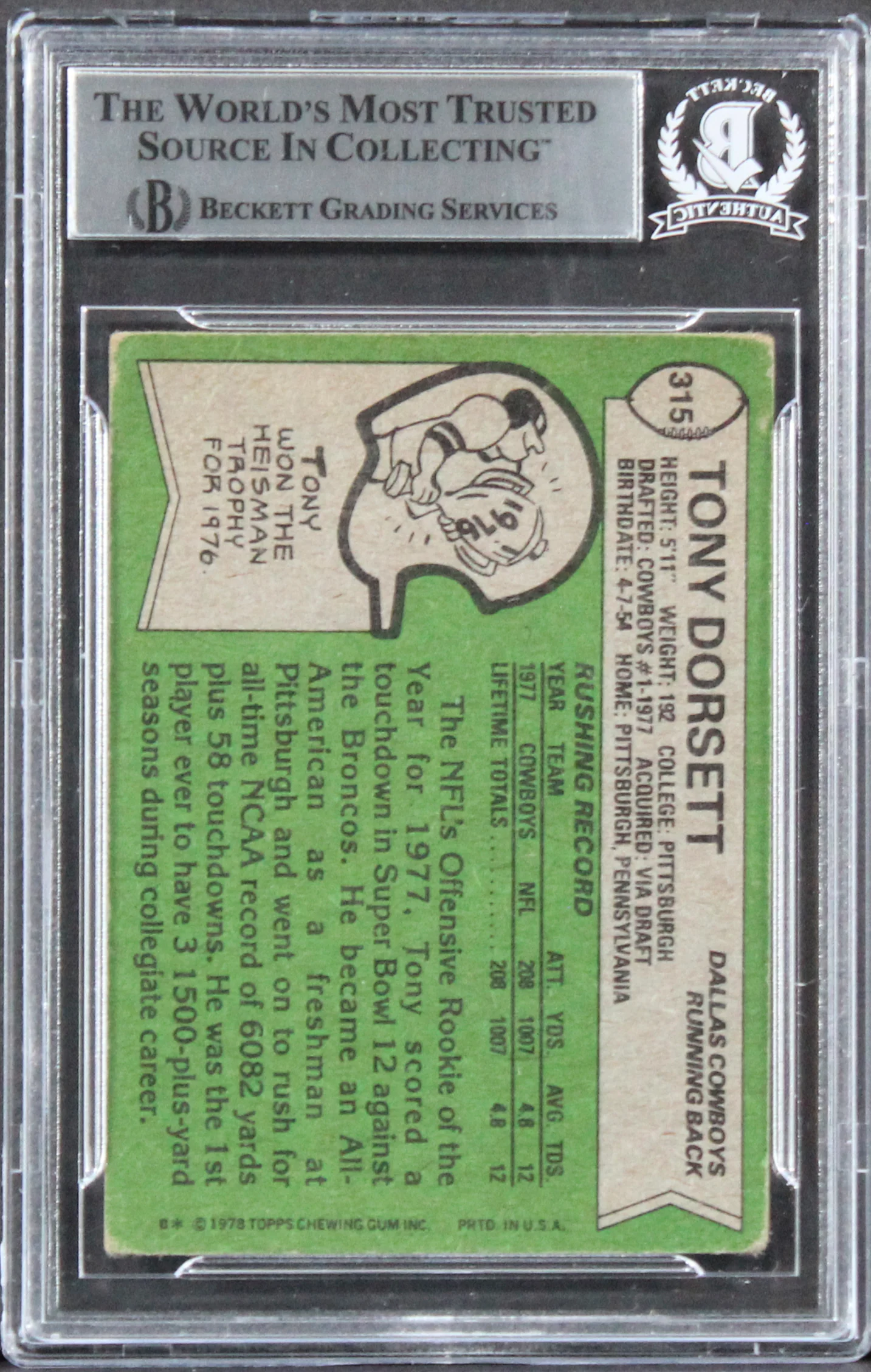 Cowboys Tony Dorsett "ROY 77, HOF 94" Signed 1978 Topps #315 RC Card BAS Slab 11 - Image 3