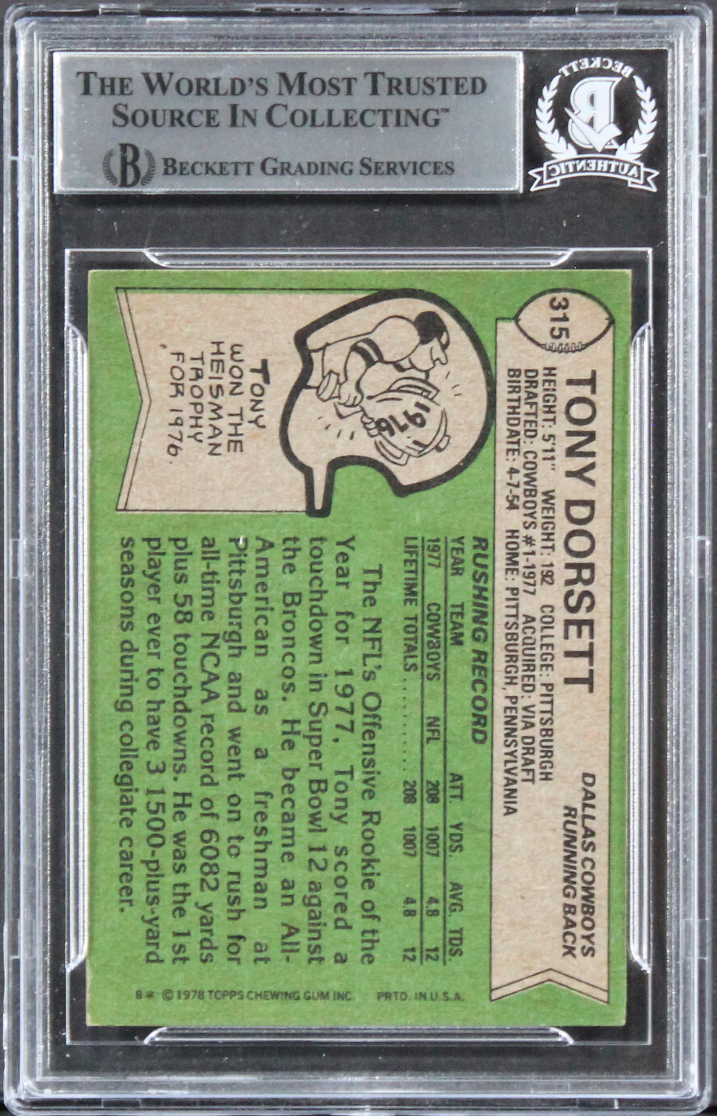 Cowboys Tony Dorsett "ROY 77, HOF 94" Signed 1978 Topps #315 RC Card BAS Slab 12 - Image 3