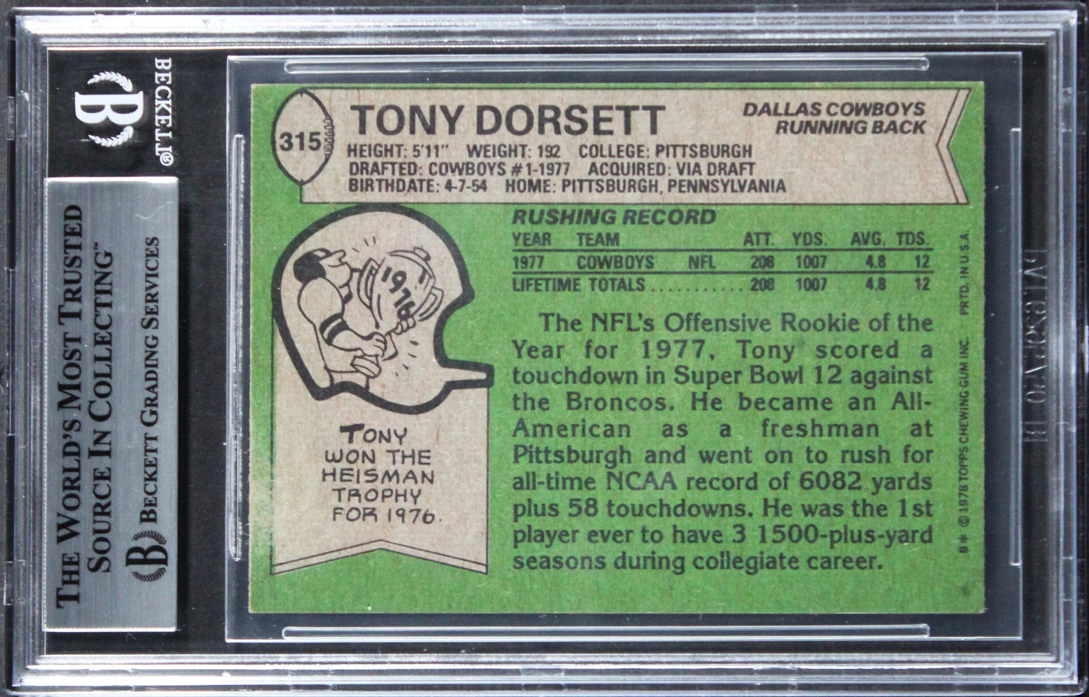 Cowboys Tony Dorsett "ROY 77, HOF 94" Signed 1978 Topps #315 RC Card BAS Slab 2 - Image 3
