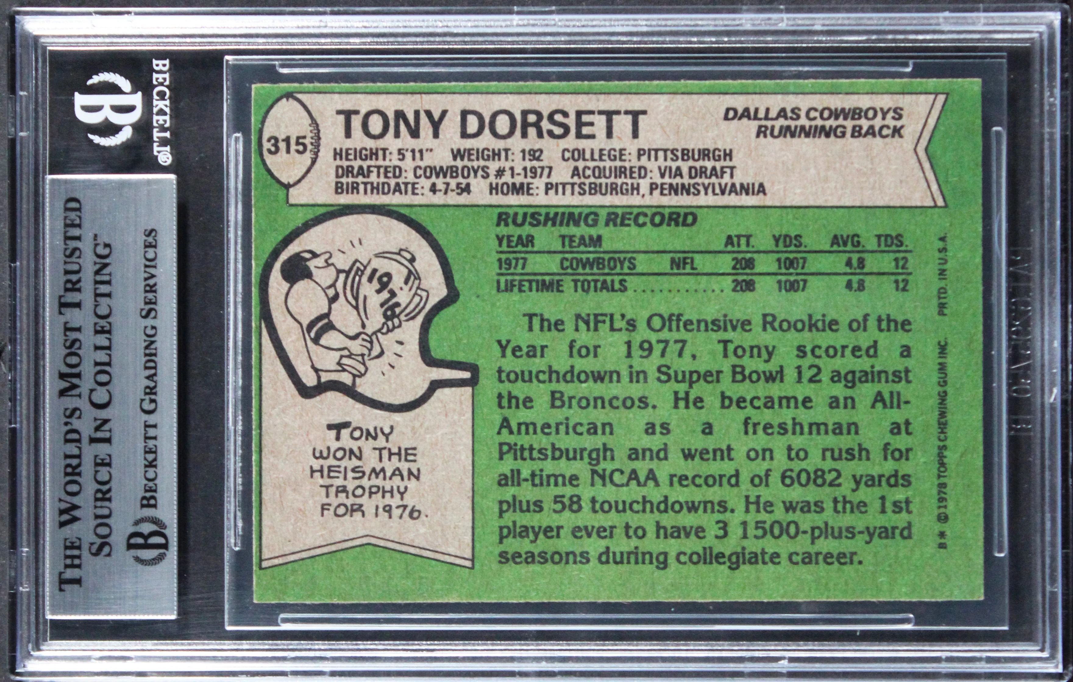 Cowboys Tony Dorsett "ROY 77, HOF 94" Signed 1978 Topps #315 RC Card BAS Slab 4 - Image 3
