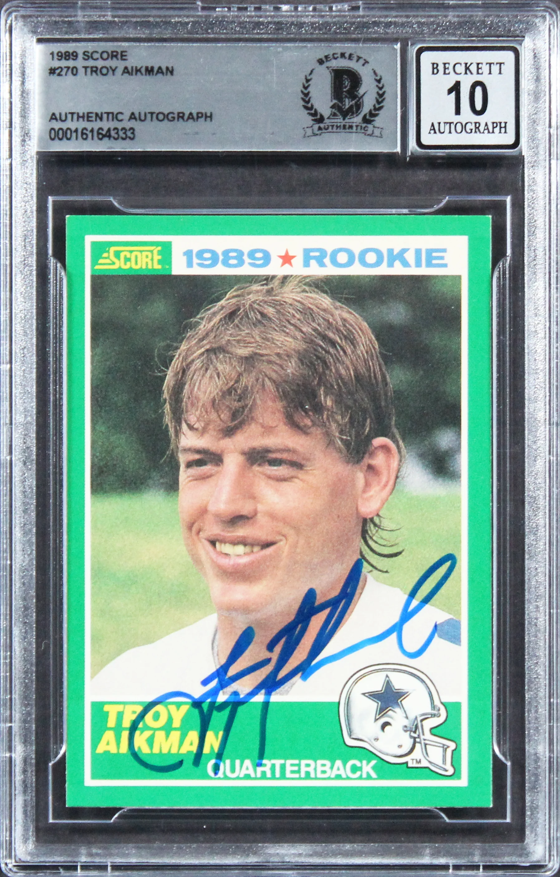 Cowboys Troy Aikman Signed 1989 Score #270 Rookie Card Auto 10! BAS Slabbed - Image 2