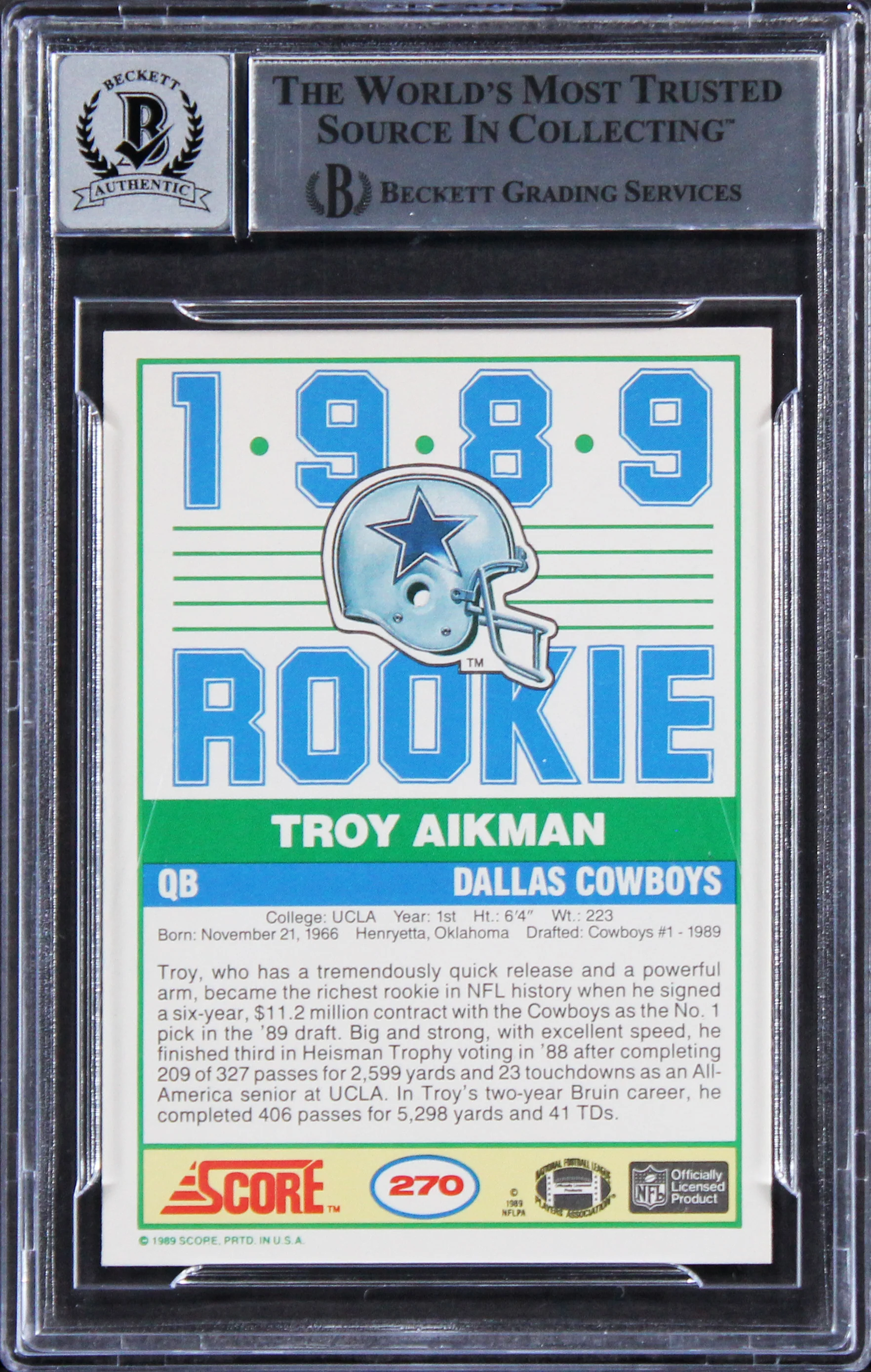 Cowboys Troy Aikman Signed 1989 Score #270 Rookie Card Auto 10! BAS Slabbed - Image 3