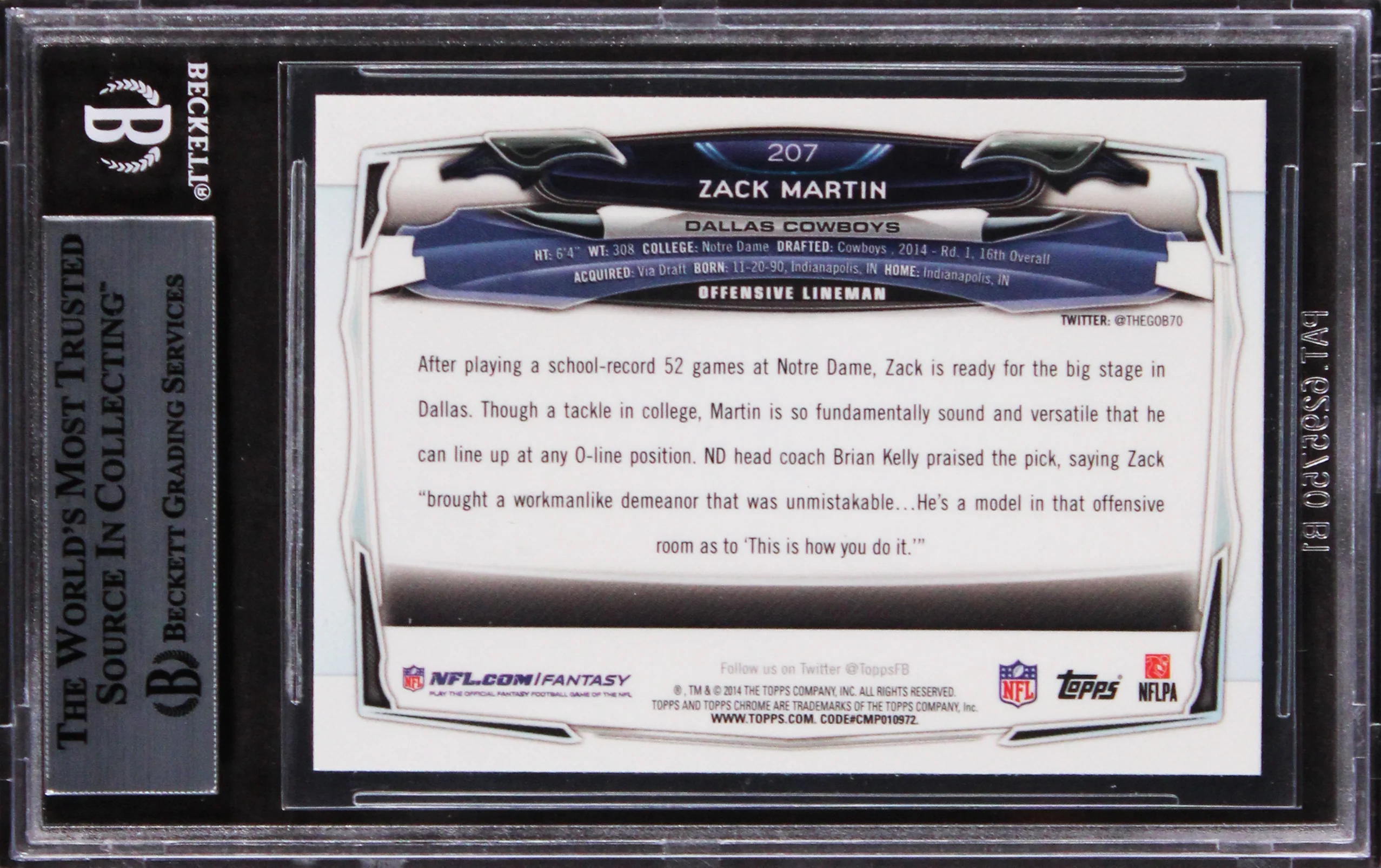 Cowboys Zack Martin Signed 2014 Topps Chrome #207 Rookie Card BAS Slabbed - Image 3