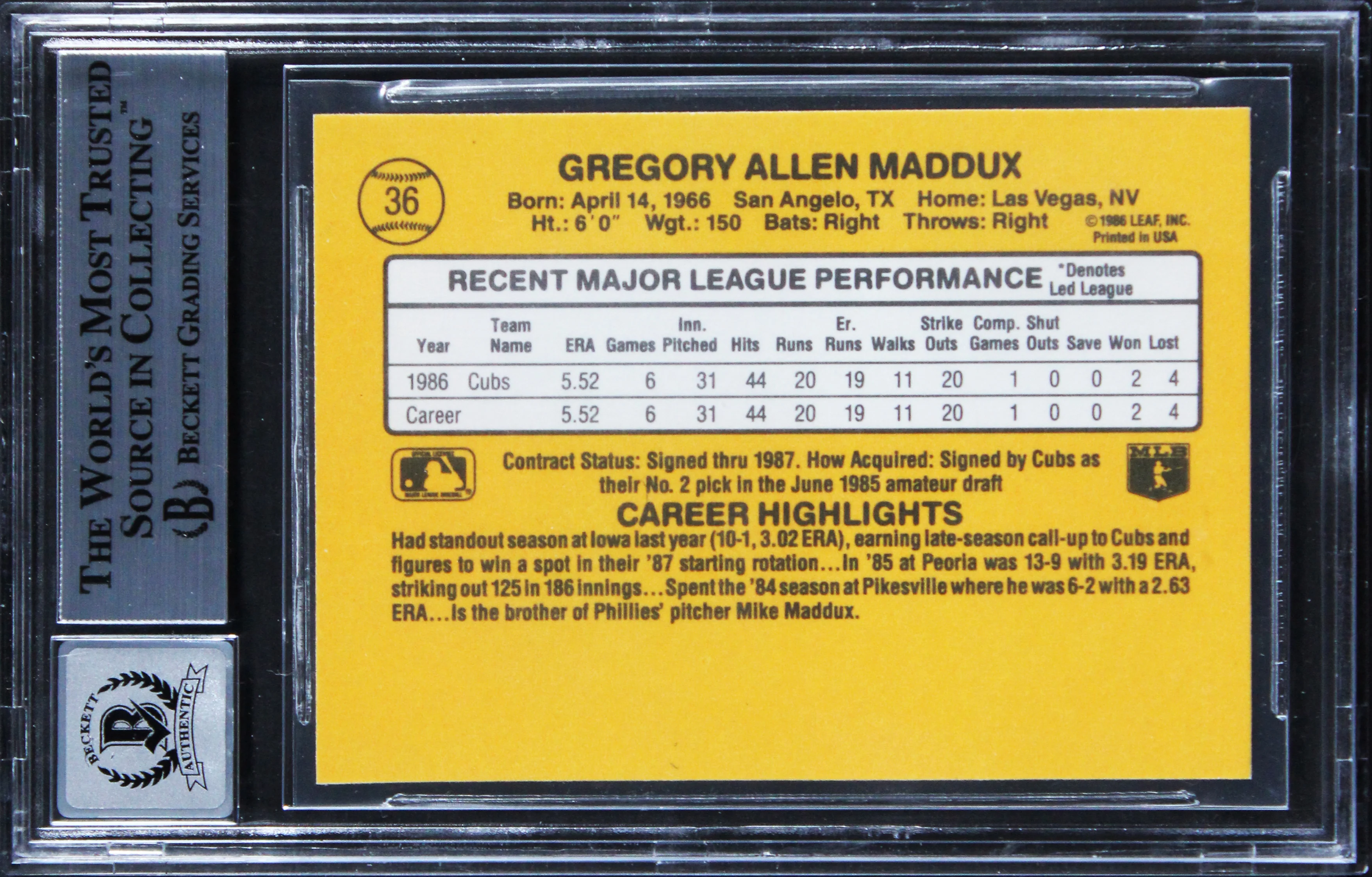 Cubs Greg Maddux "3x Insc" Signed 1997 Donruss #36 Card Auto GM 10! BAS Slabbed - Image 3