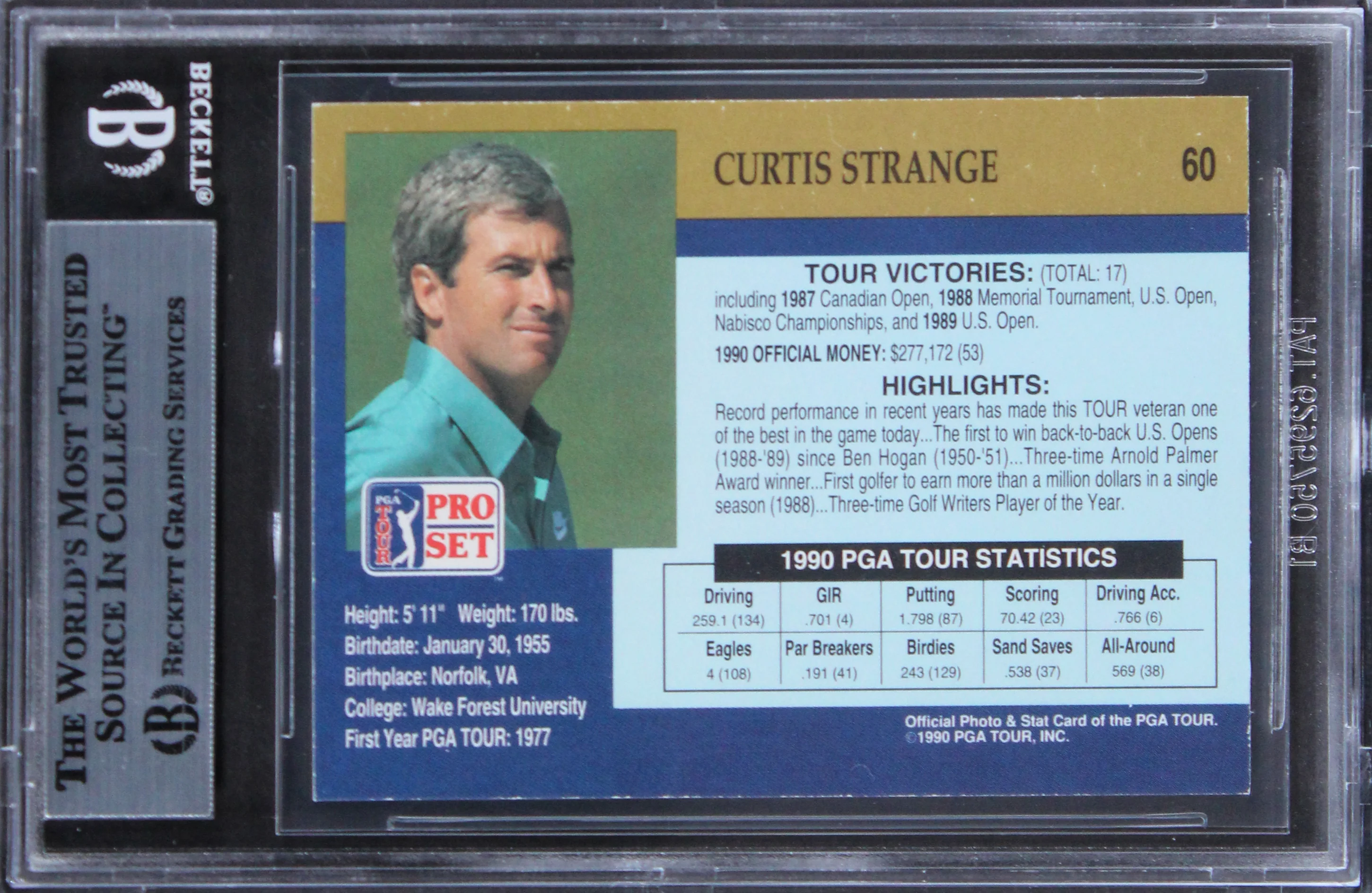Curtis Strange Authentic Signed 1990 Pro Set #60 Card Autographed BAS Slabbed - Image 3