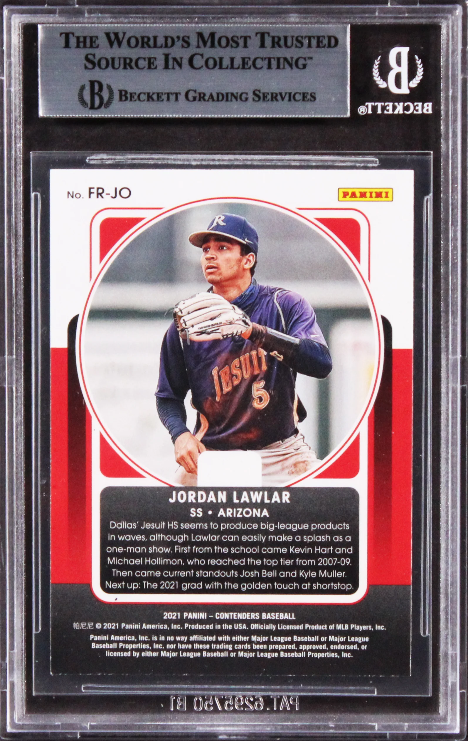 D-Backs Jordan Lawlar Signed 2021 Panini Contenders FR #3 Rookie Card BAS Slab - Image 3