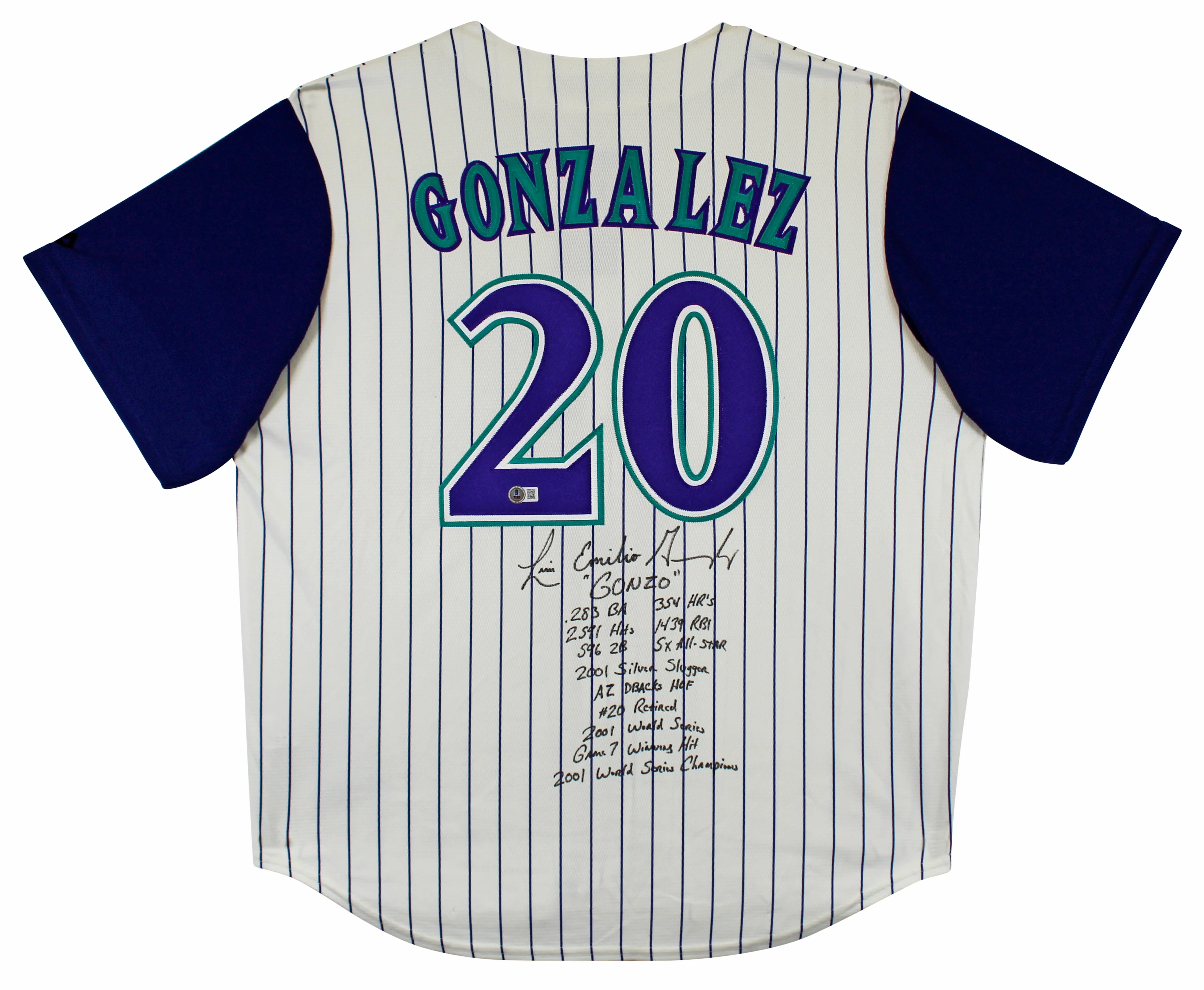 D-Backs Luis Gonzalez "Career Stat" Signed White Pinstripe Majestic Jersey BAS W - Image 2