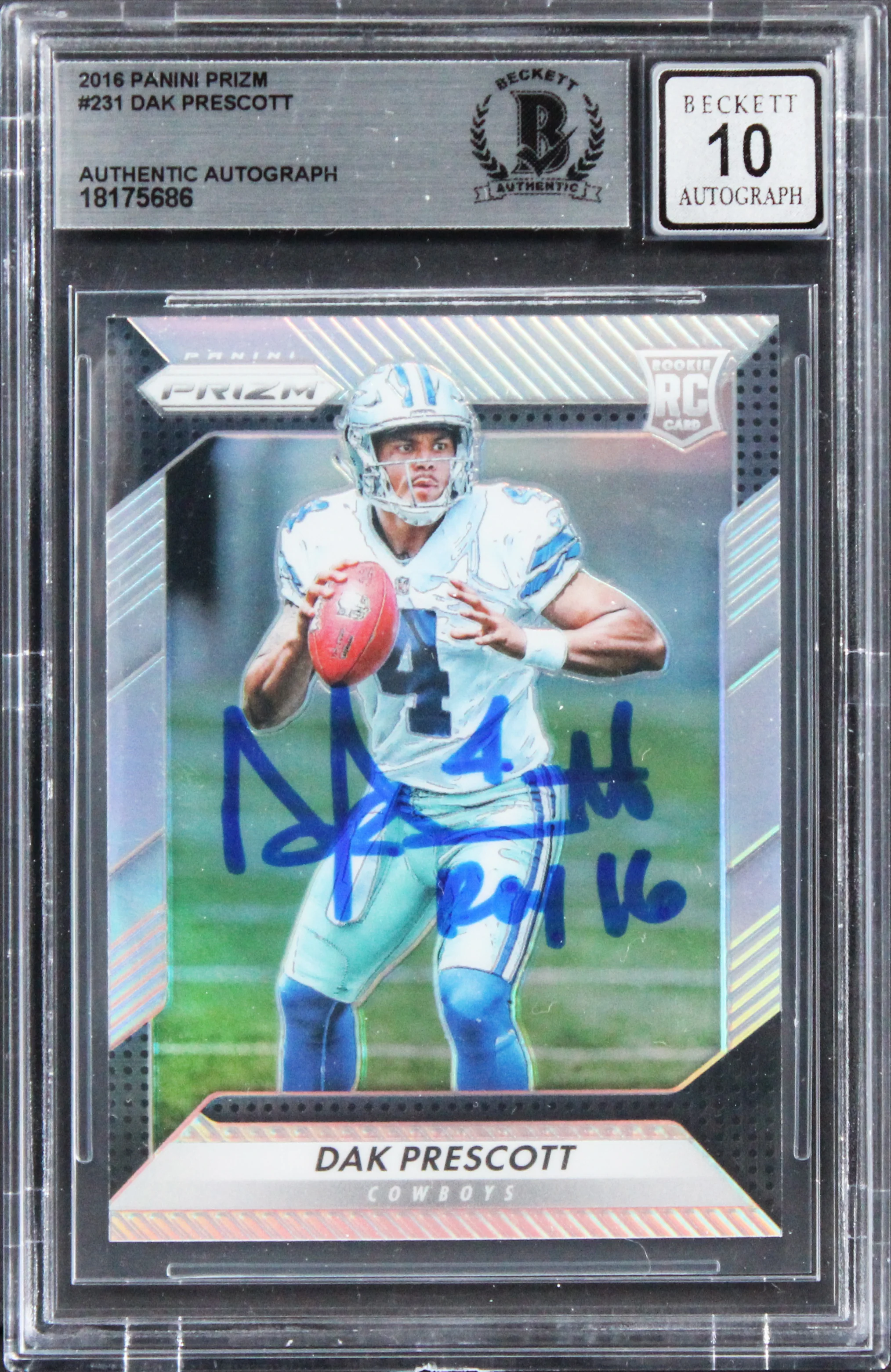 Dak Prescott "ROY 16" Signed 2016 Panini Prizm #231 RC Card Auto 10! BAS Slabbed - Image 2