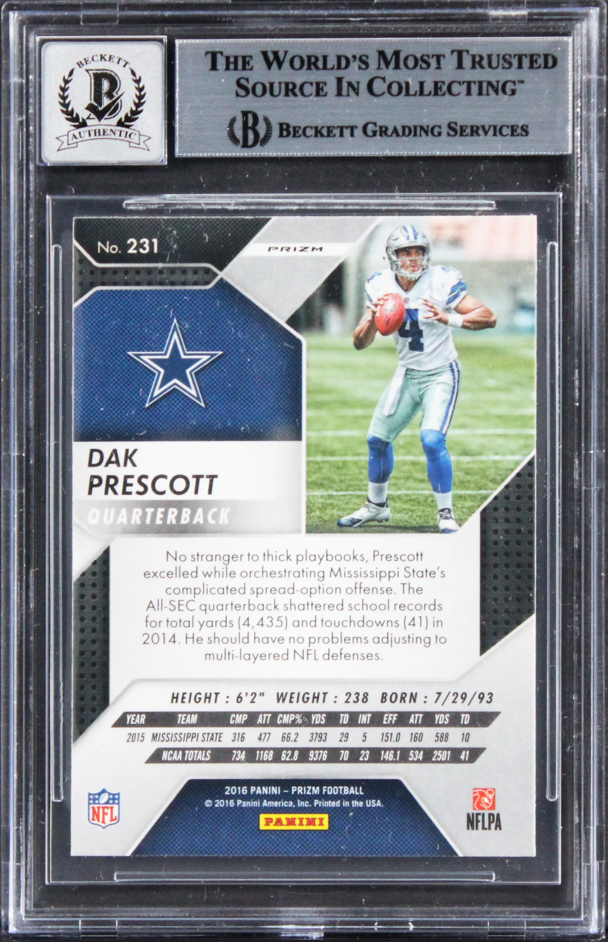 Dak Prescott "ROY 16" Signed 2016 Panini Prizm #231 RC Card Auto 10! BAS Slabbed - Image 3
