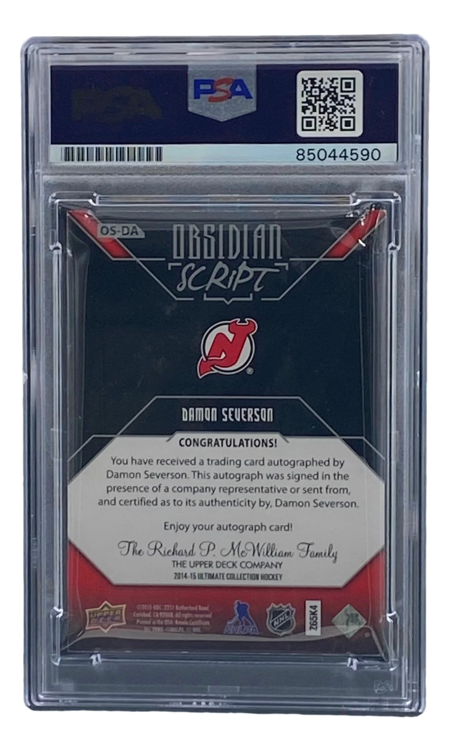 Damon Severson Signed 2015 Upper Deck #OS-DA Devils Hockey Card PSA/DNA - Image 2