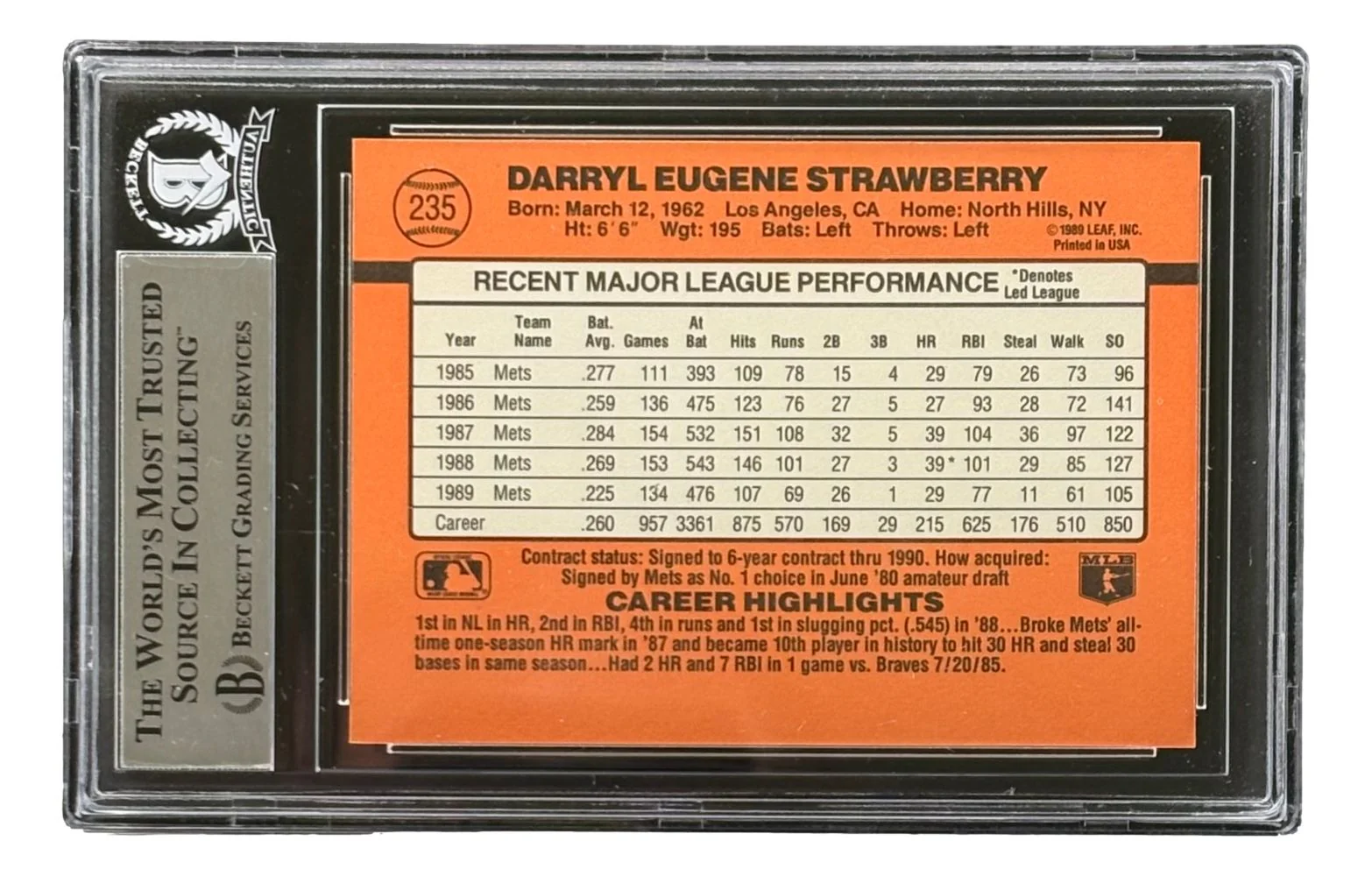 Darryl Strawberry Signed 1990 Donruss #235 New York Mets Trading Card BAS - Image 2